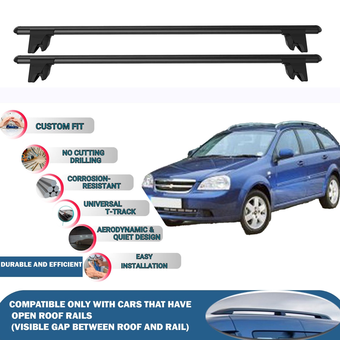 Lockable Roof Rack Cross Bars for Chevrolet Lacetti Sw 2005-2011 | Heavy Duty Rail Carrier 2 Pcs Black