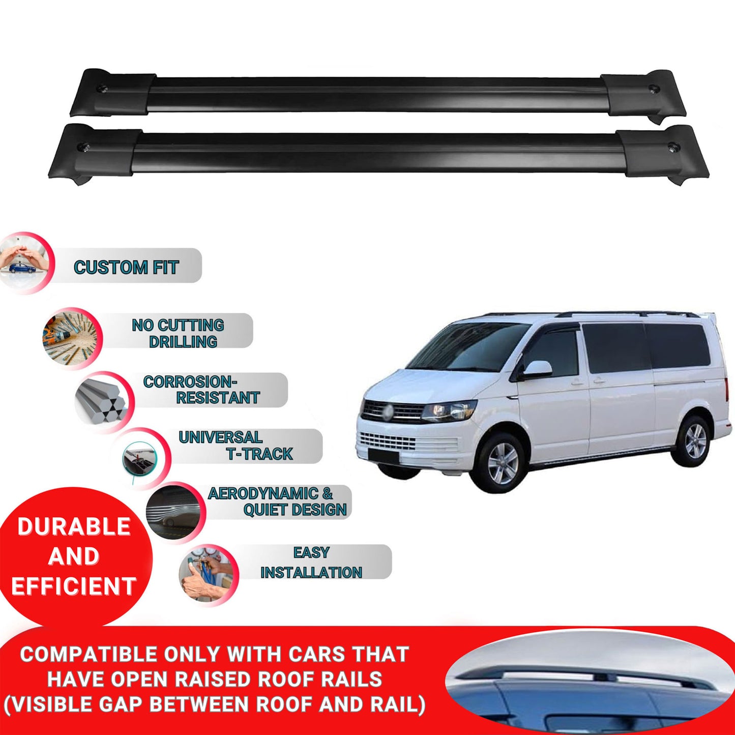 Roof Racks Cross Bars For Vw T6 Multivan 2015-2023 2 Pcs Black