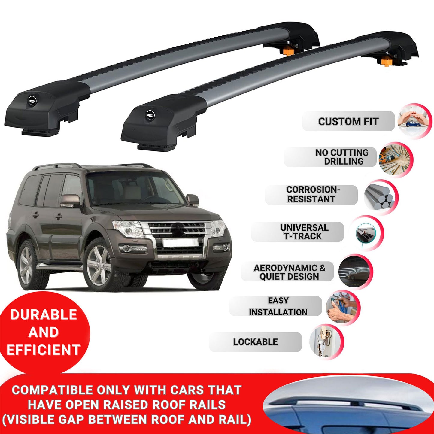 Roof Bar for Mitsubishi Shogun 2006-2015 Lockable Roof Rack Cross Bars 2 Pcs Grey