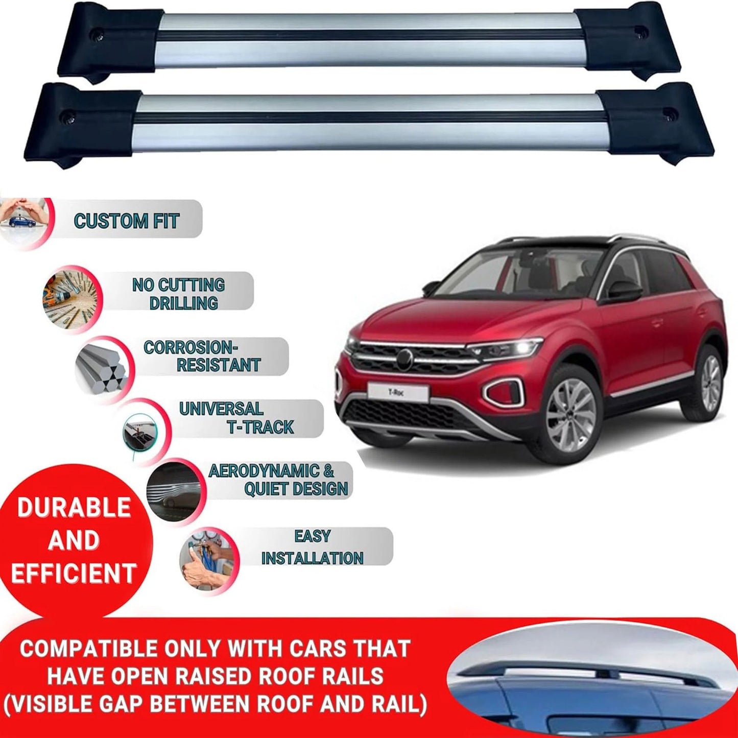 Roof Rack Cross Bars for Vw T-Rock Suv 2017+ Aluminum Roof Bars 2 Pcs Grey