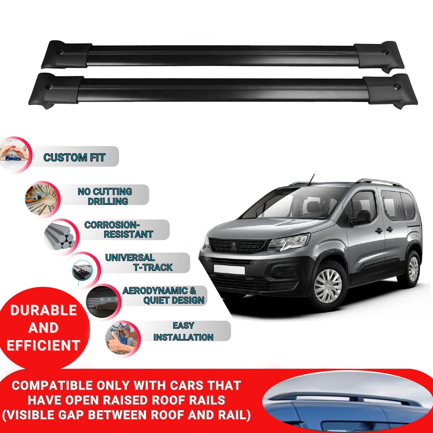 Roof Racks Cross Bars For Peugeot Rifter 2019-2023 2 Pcs Black