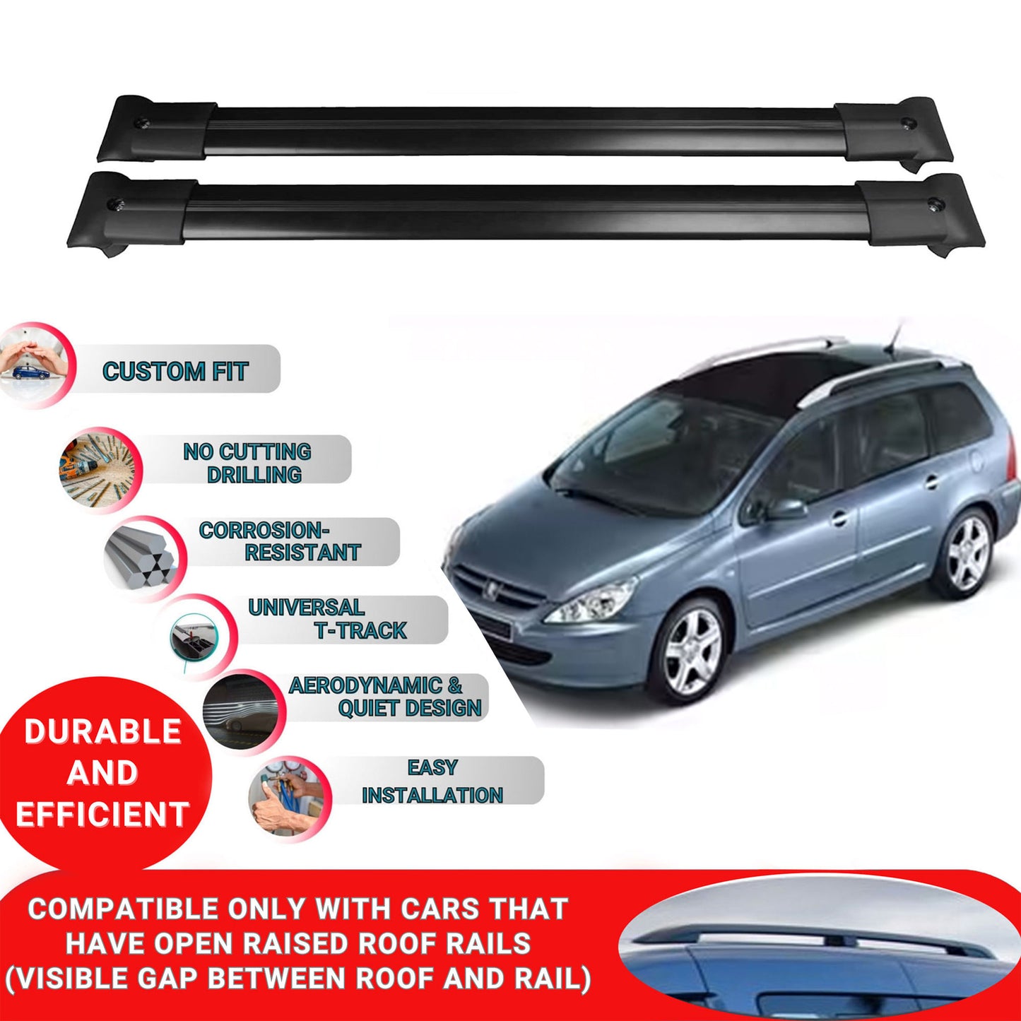 Roof Racks Cross Bars For Peugeot 307 Sw 2001-2008 2 Pcs Black