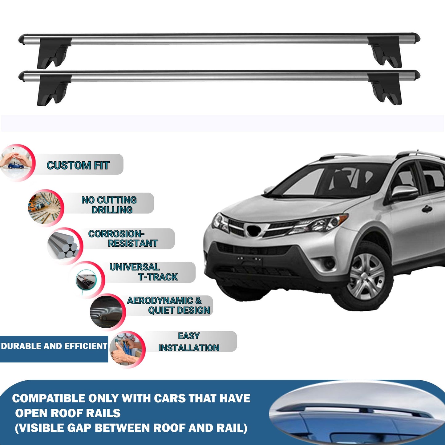 Lockable Roof Rack Cross Bars for Toyota Rav4 XA 2013-2018 | Heavy Duty Rail Carrier 2 Pcs Grey