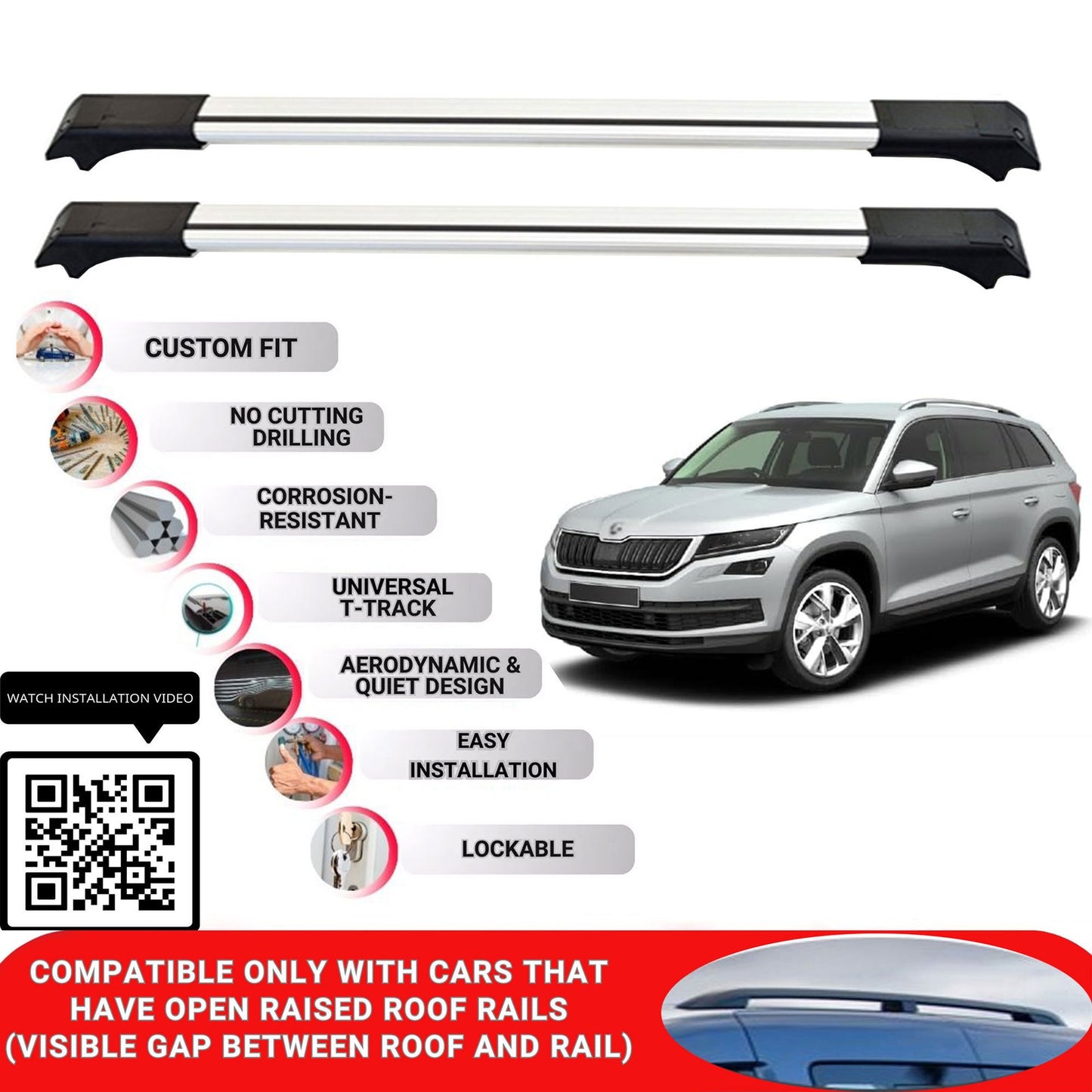 Roof Rack Cross Bars for Skoda Kodiaq 2017-2023 Lockable Roof Bars 2 Pcs Grey