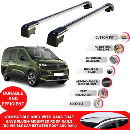 Roof Bars Rack for Peugeot Rifter 2024+ Lockable Rail Carrier 2 Pcs Grey