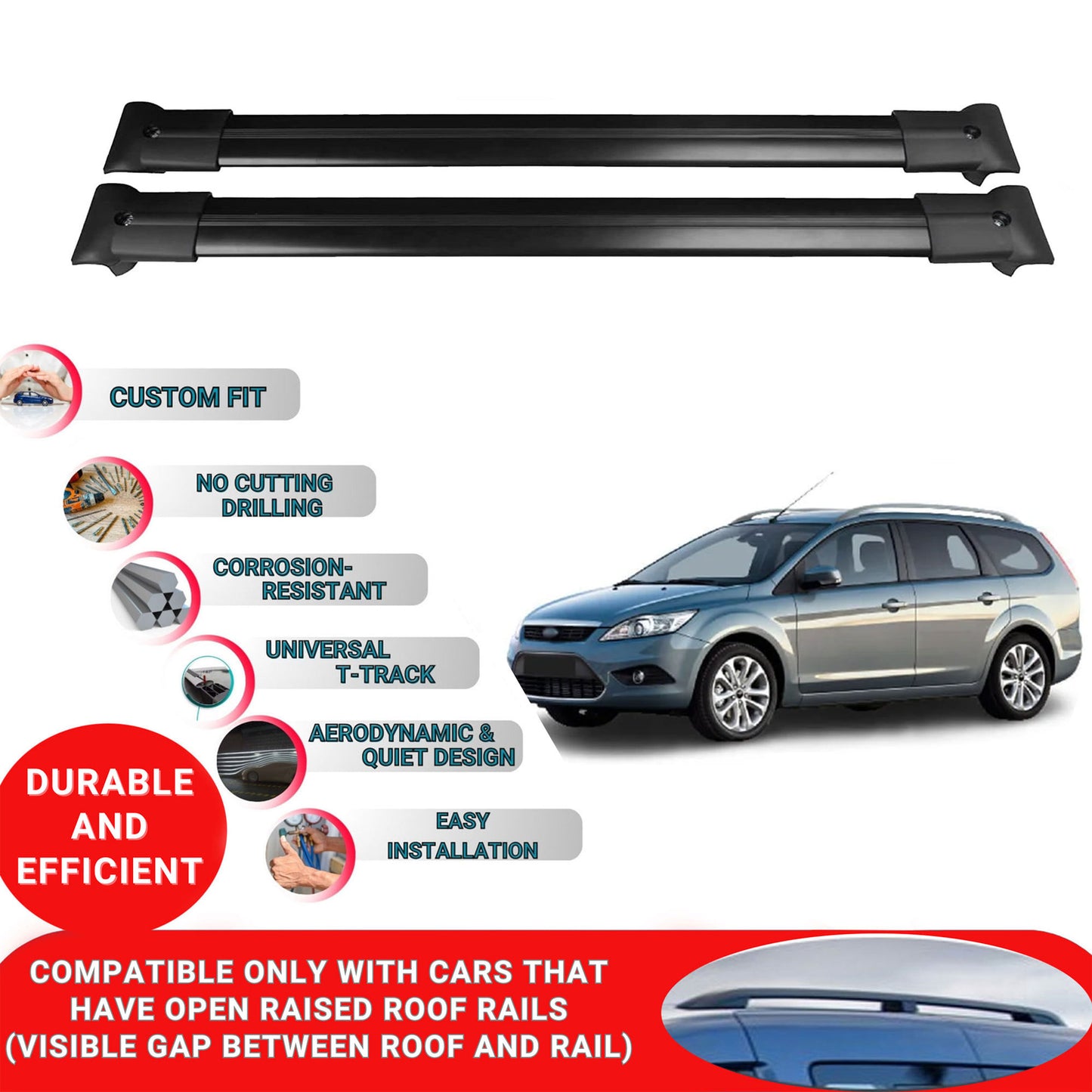 Roof Racks Cross Bars For Ford Focus Estate / Sw Mk2 2008-2011 2 Pcs Black