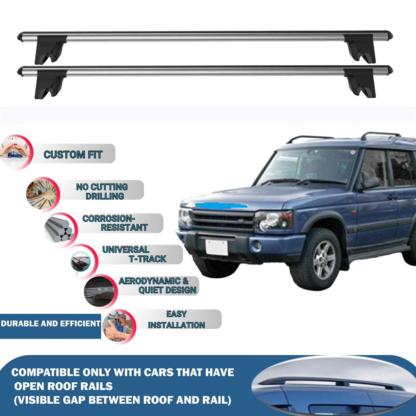 Lockable Roof Rack Cross Bars for Land Rover Discovery 5D 1998-2004 | Heavy Duty Rail Carrier 2 Pcs Grey
