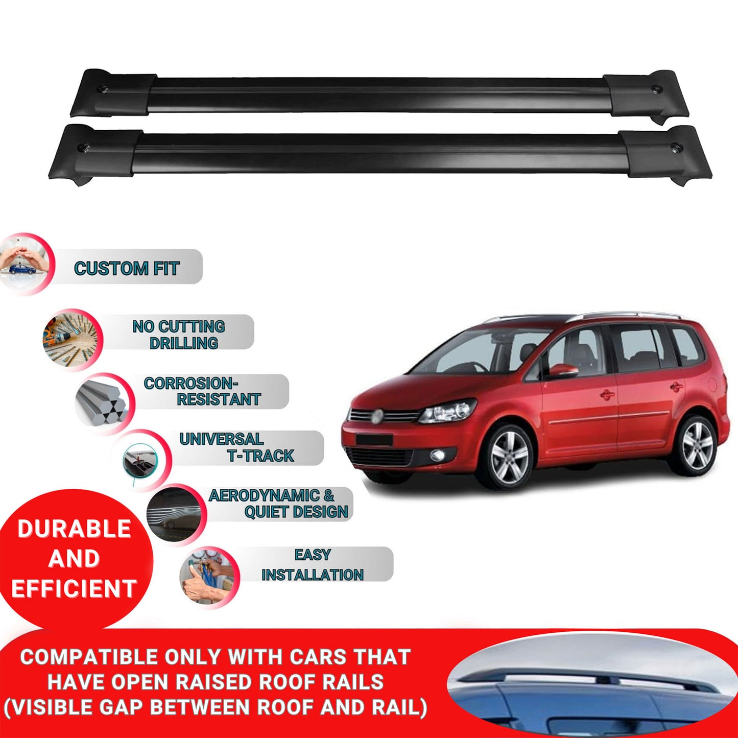 Roof Racks Cross Bars For Vw Touran 2003-2015 2 Pcs Black