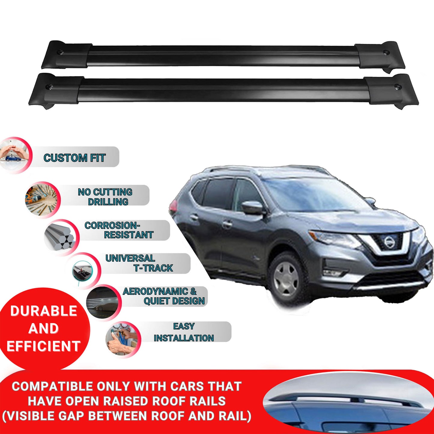 Roof Racks Cross Bars For Nissan X-Trail 2014-2022 2 Pcs Black