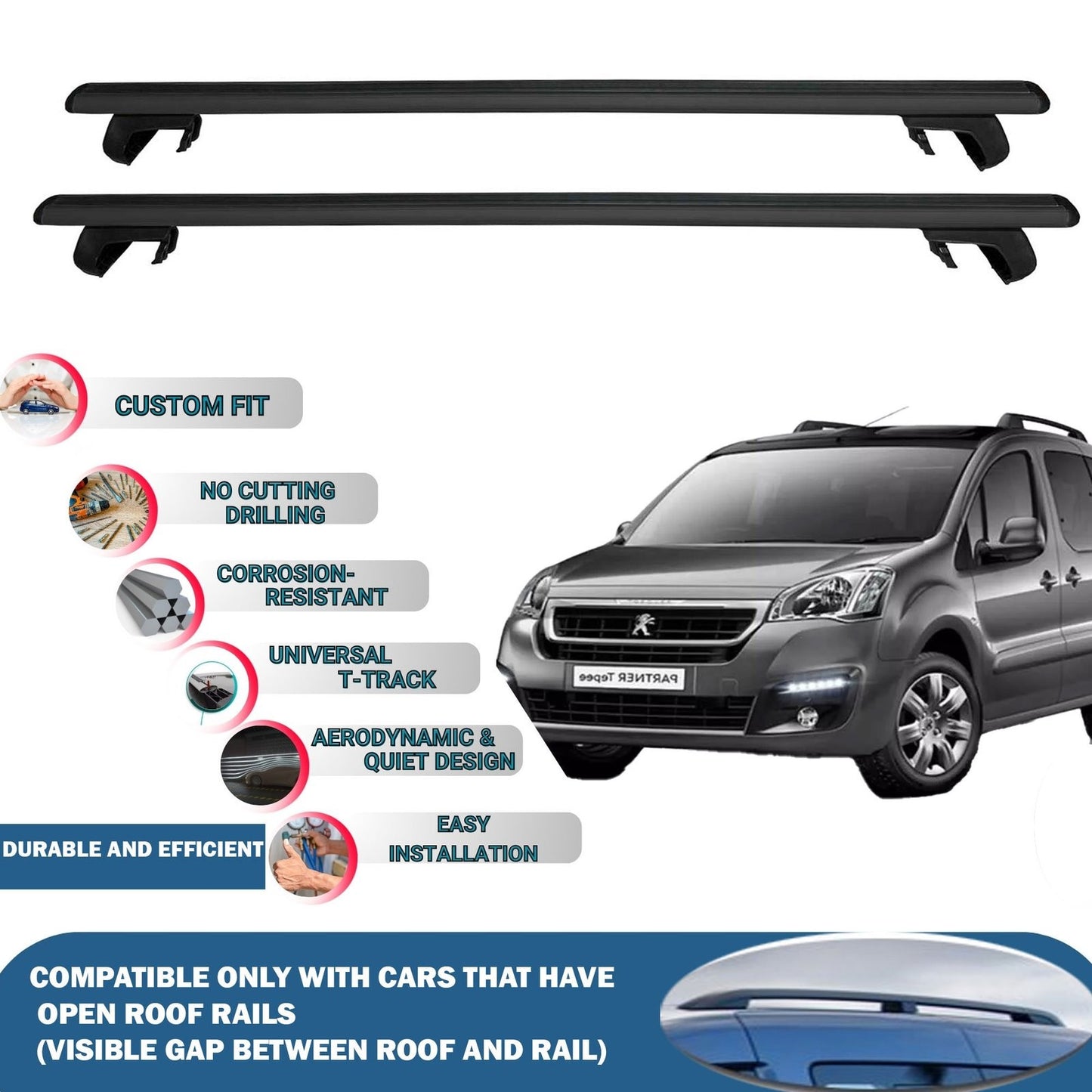Roof Rack Cross Bars for Peugeot Partner Tepee 2008-2018 Rail Carrier for Roof Tents 2 Pcs Black