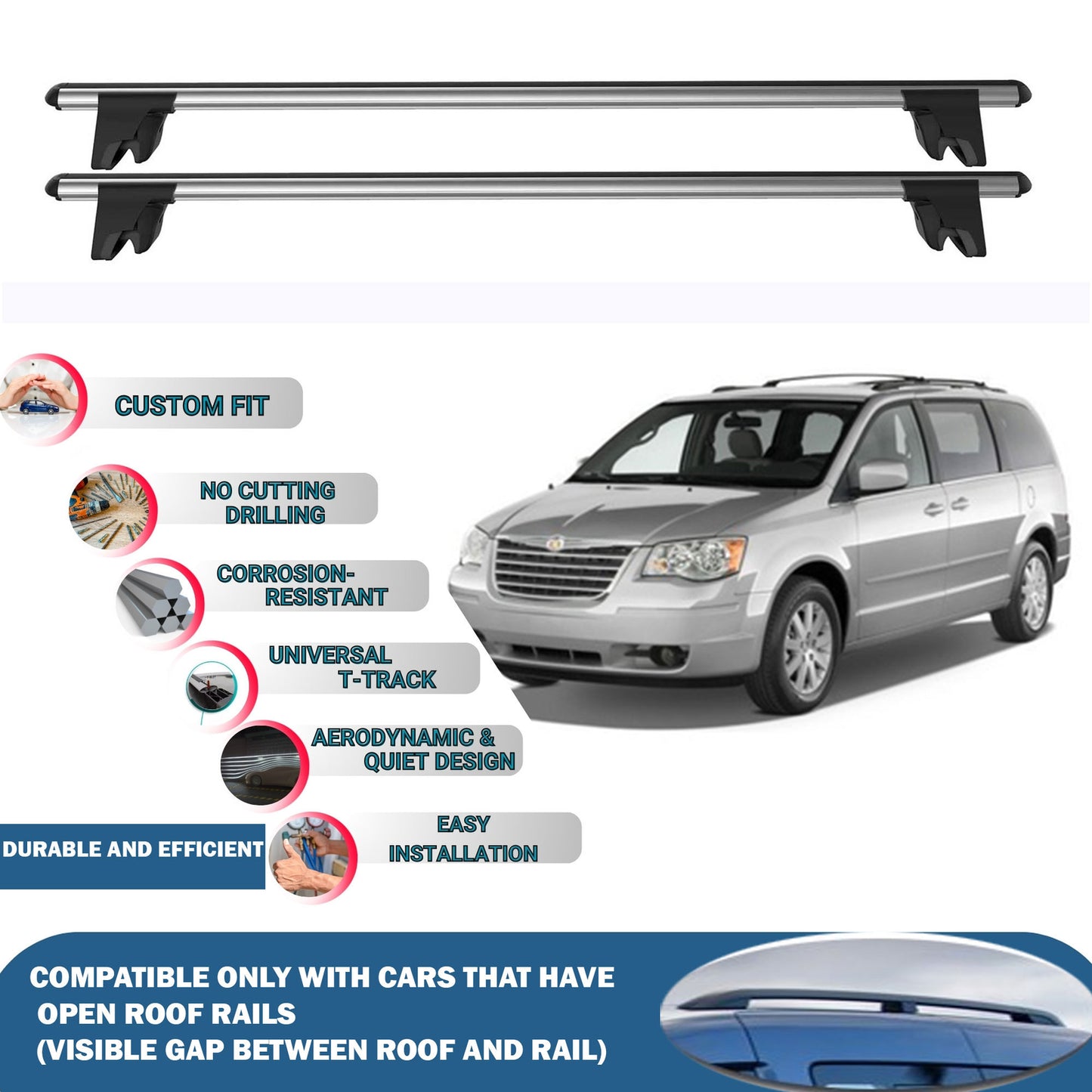 Lockable Roof Rack Cross Bars for Chrysler Grand Voyger 2008-2011 | Heavy Duty Rail Carrier 2 Pcs Grey