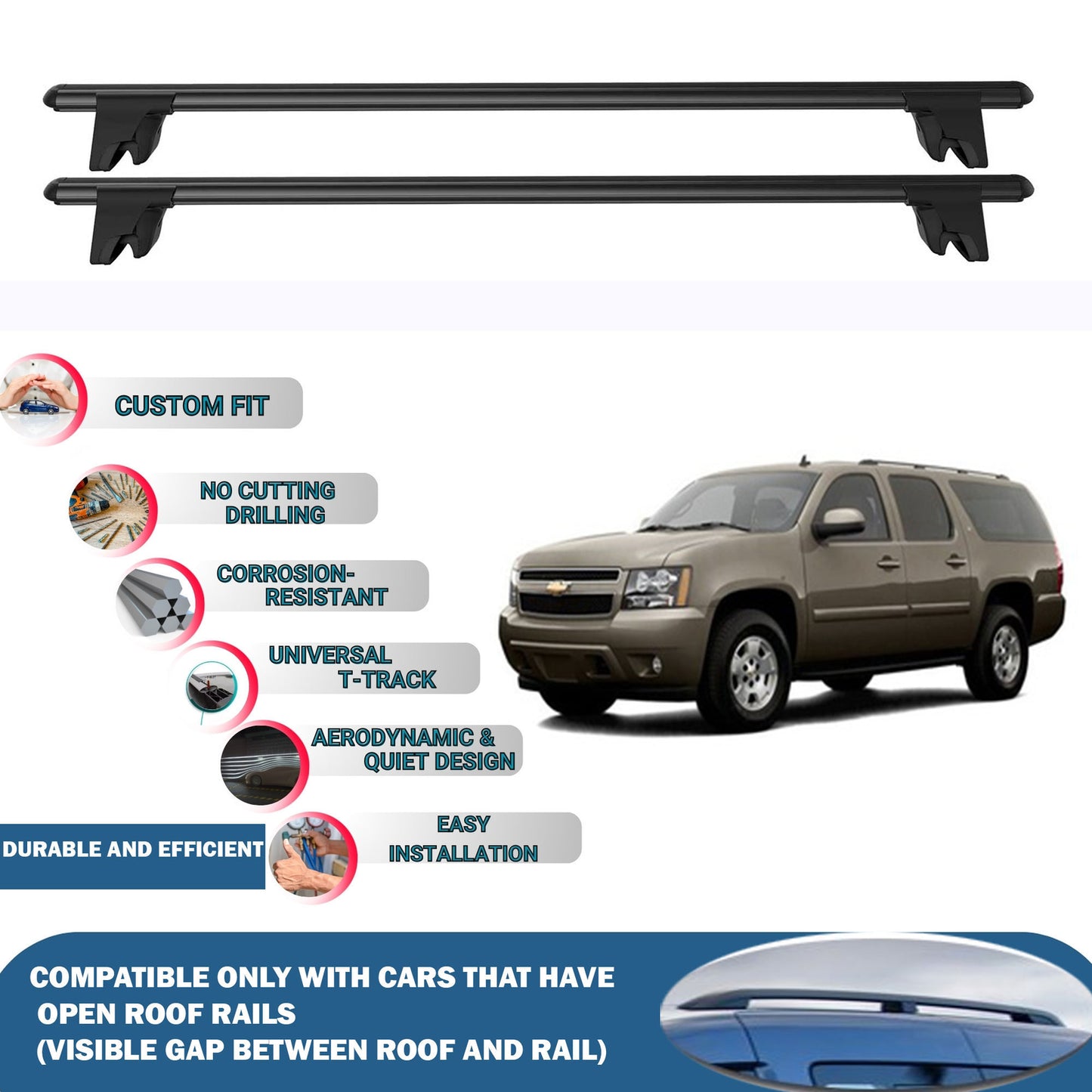 Lockable Roof Rack Cross Bars for Chevrolet Tahoe 2006-2014 | Heavy Duty Rail Carrier 2 Pcs Black
