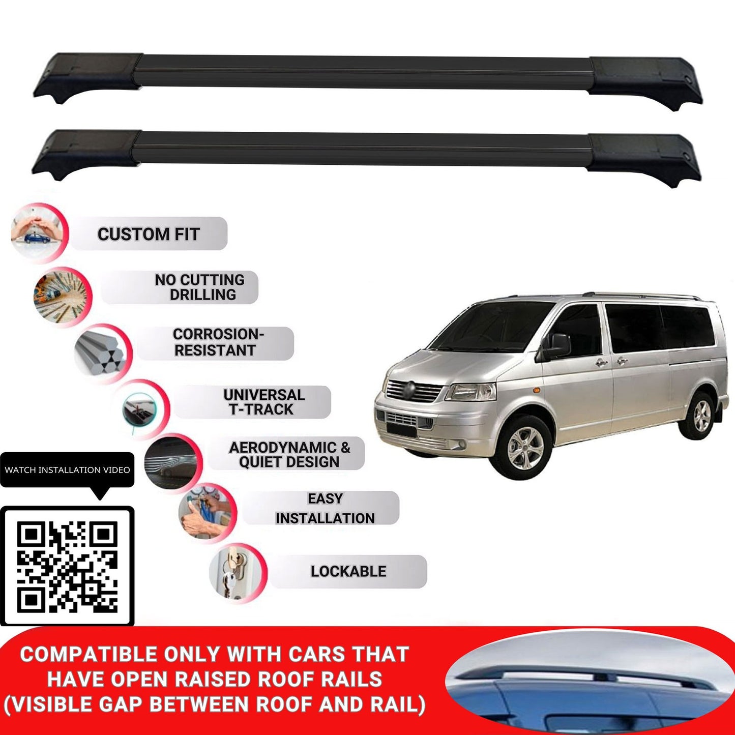Roof Rack Cross Bars for Vw Multivan (T5) 2003-2009 Lockable Roof Bars 2 Pcs Black