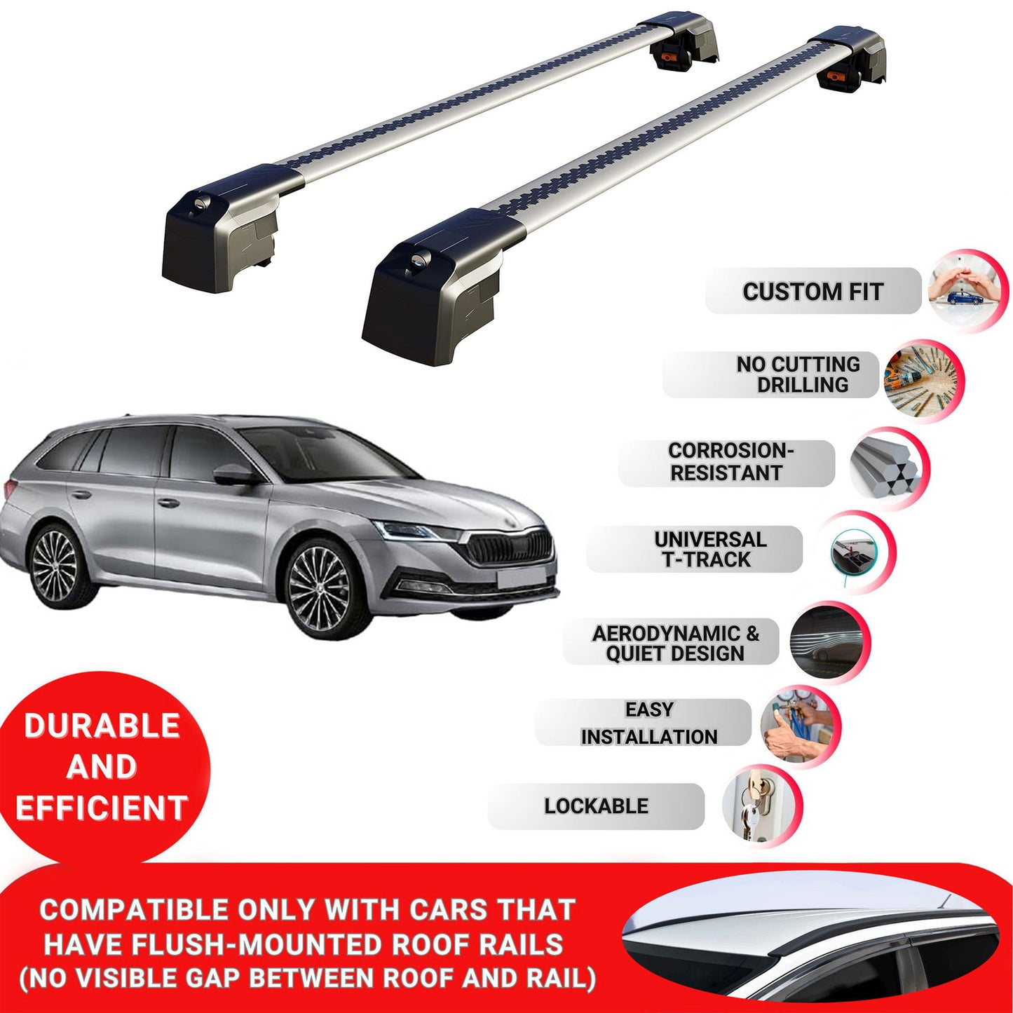 Roof Bars Rack for Skoda Octavia (NX) 2020+ Lockable Rail Carrier 2 Pcs Grey