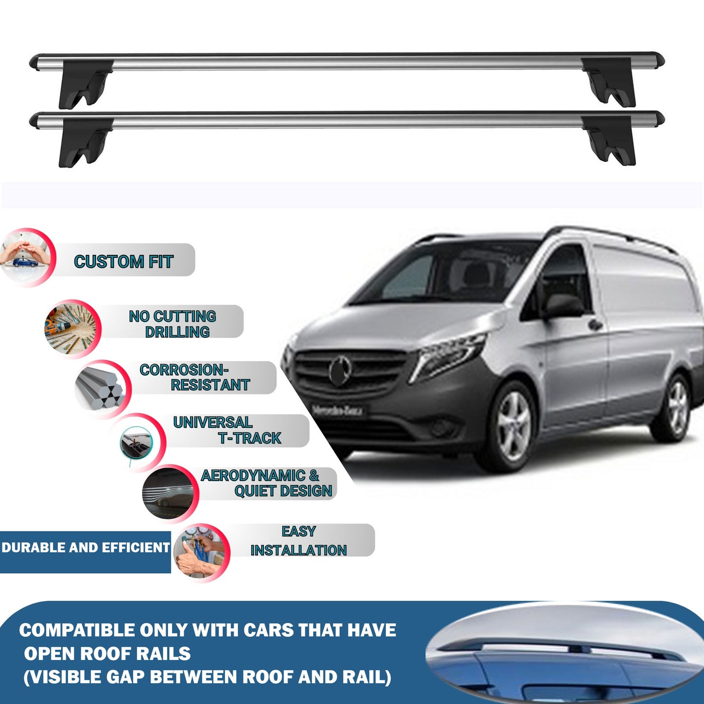Lockable Roof Rack Cross Bars for Mercedes Vito W447 2014-2020 | Heavy Duty Rail Carrier 2 Pcs Grey