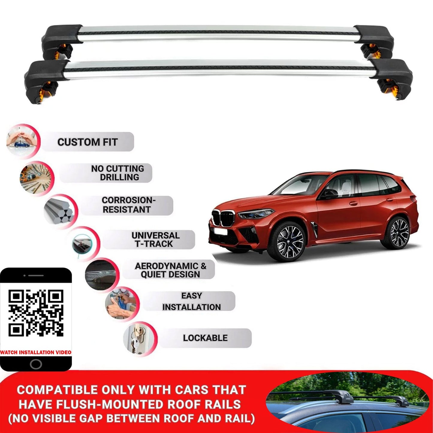 Premium Roof Bars For Bmw X5 Suv 2014-2018 Secure Roof Rack Cross Bar 2 Pcss Secure Grey