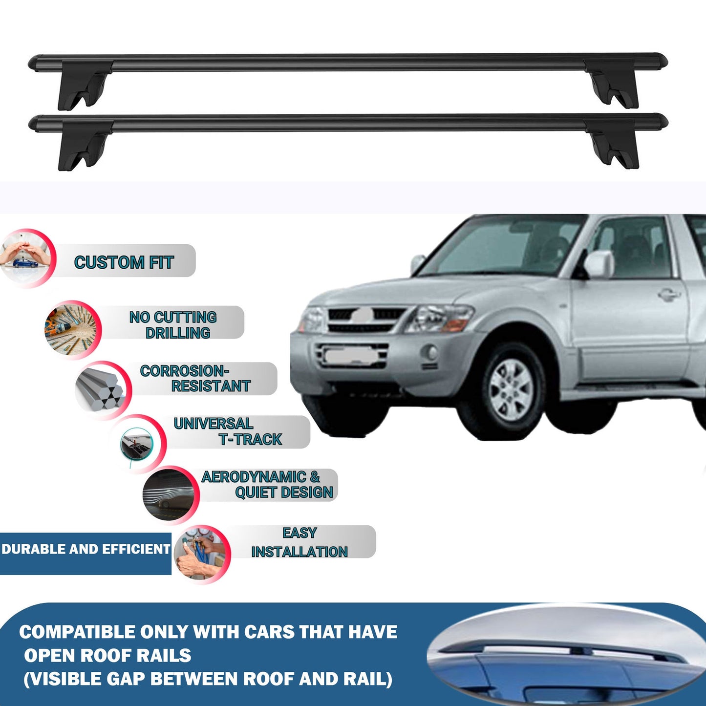 Lockable Roof Rack Cross Bars for Mitsubishi Montero 1999–2006 | Heavy Duty Rail Carrier 2 Pcs Black