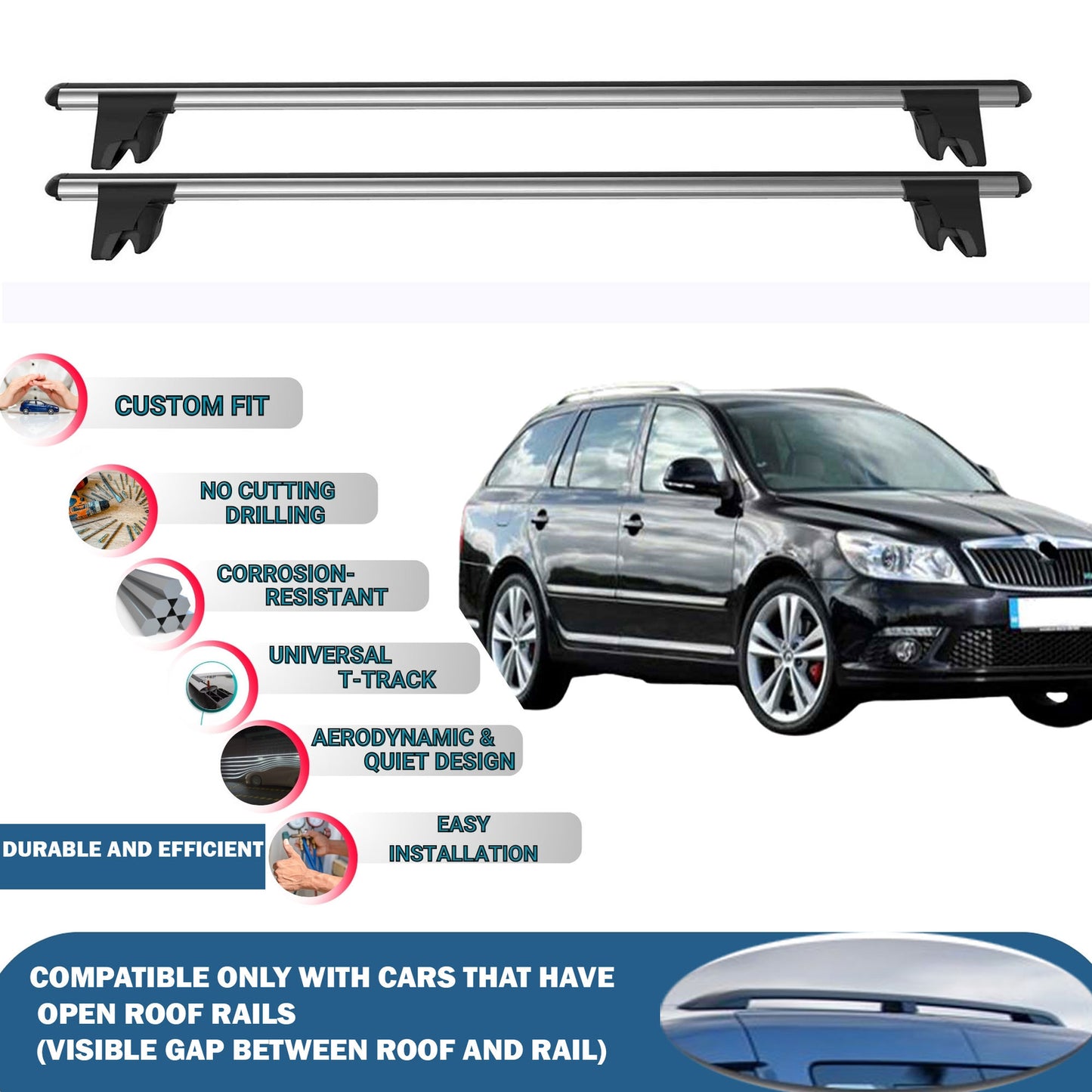 Lockable Roof Rack Cross Bars for Skoda Octavia Wagon 2005-2013 | Heavy Duty Rail Carrier 2 Pcs Grey