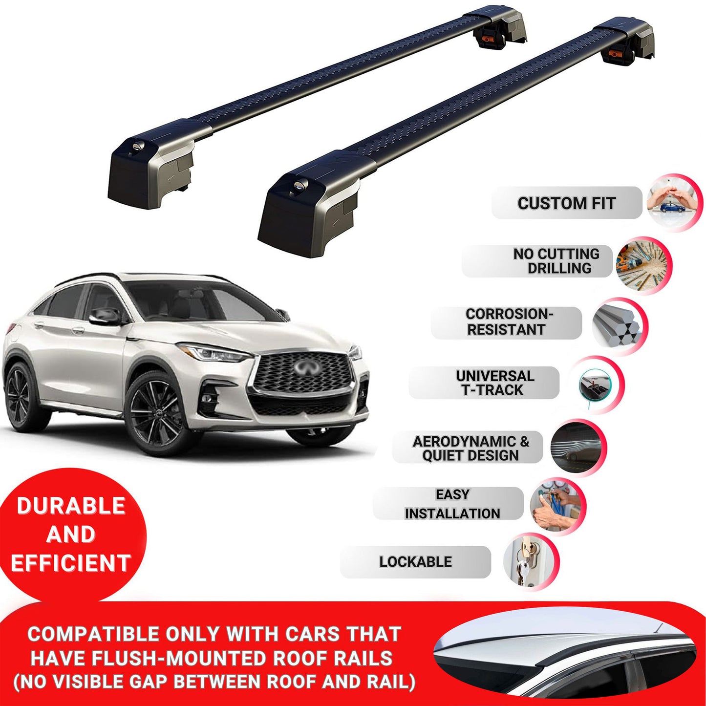 Roof Bars Rack for Infiniti Qx55 (J55) 2022+ Lockable Rail Carrier 2 Pcs Black