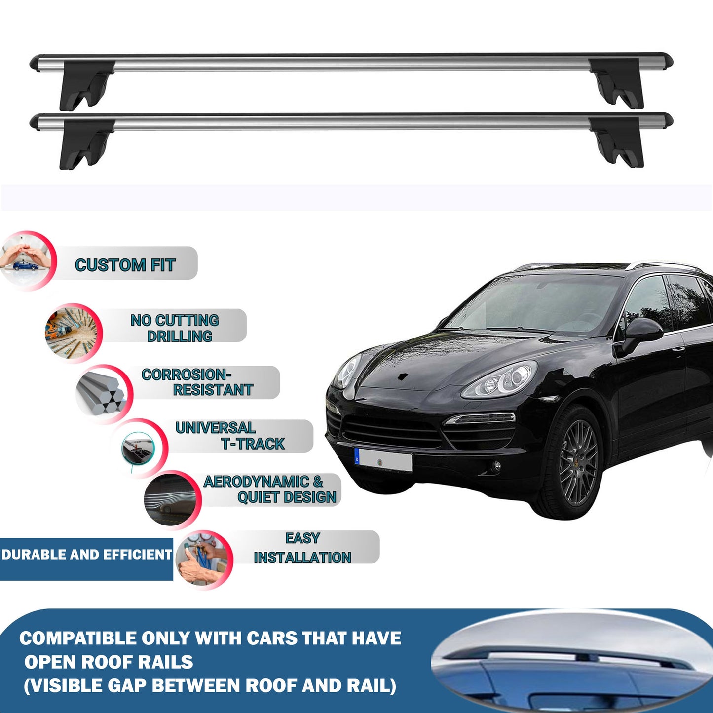 Lockable Roof Rack Cross Bars for Porsche Cayenne E2 2011-2018 | Heavy Duty Rail Carrier 2 Pcs Grey
