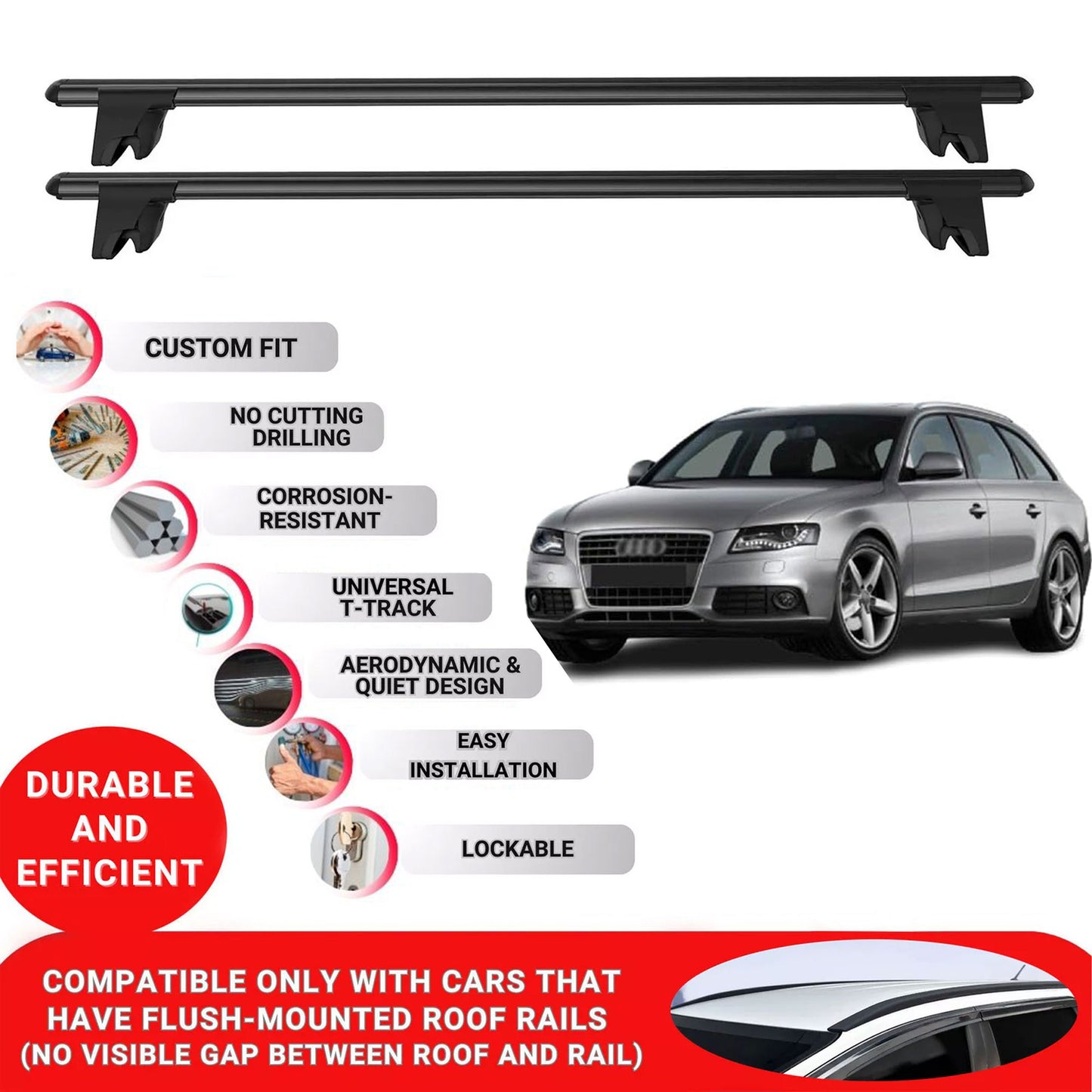 Premium Roof Bars for Audi A4 Avant B8 2007-2015 Roof Rack Cross Bars 2 Pcs Black