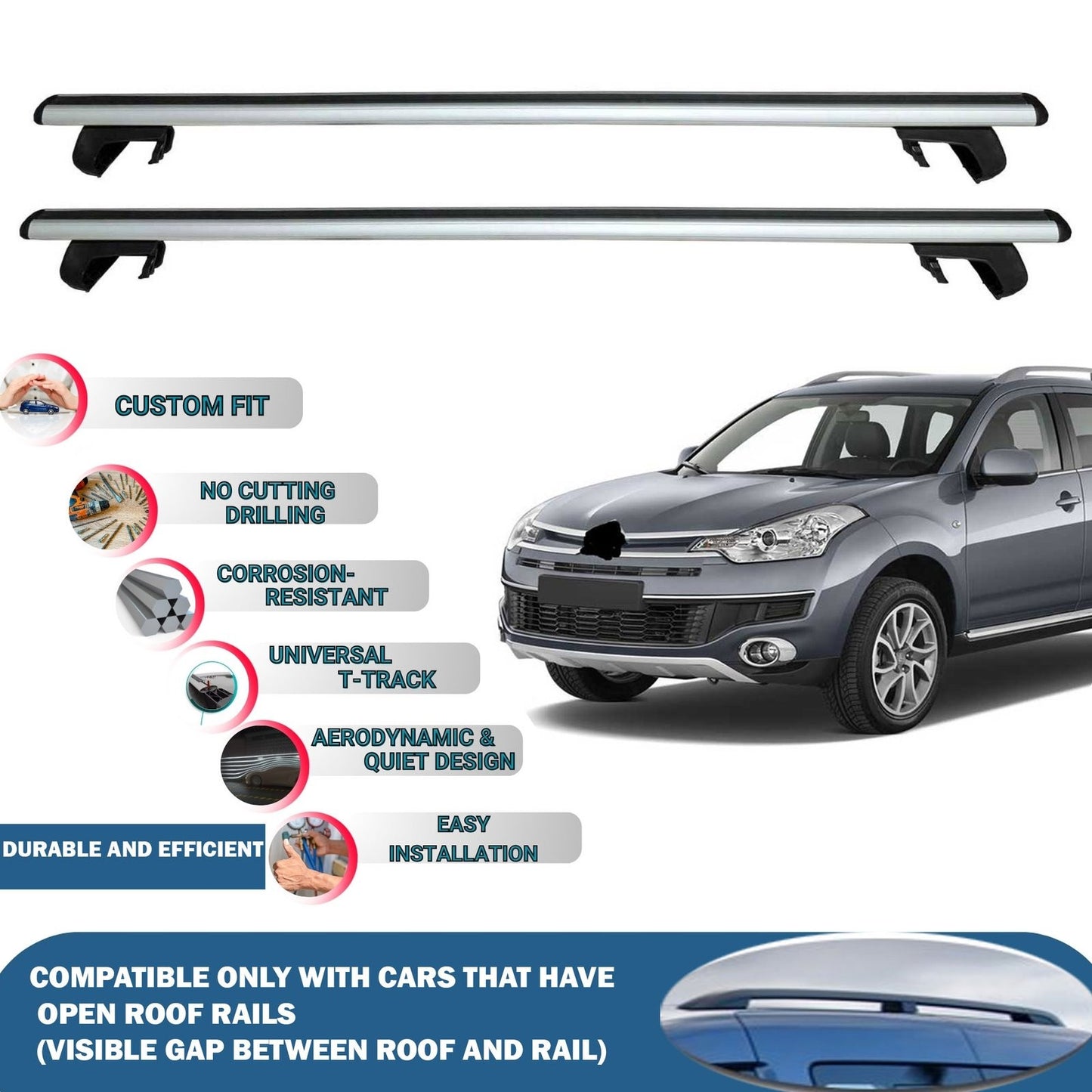 Roof Rack Cross Bars for Citroen C-Crosser 2007-2013 Rail Carrier for Roof Tents 2 Pcs Grey