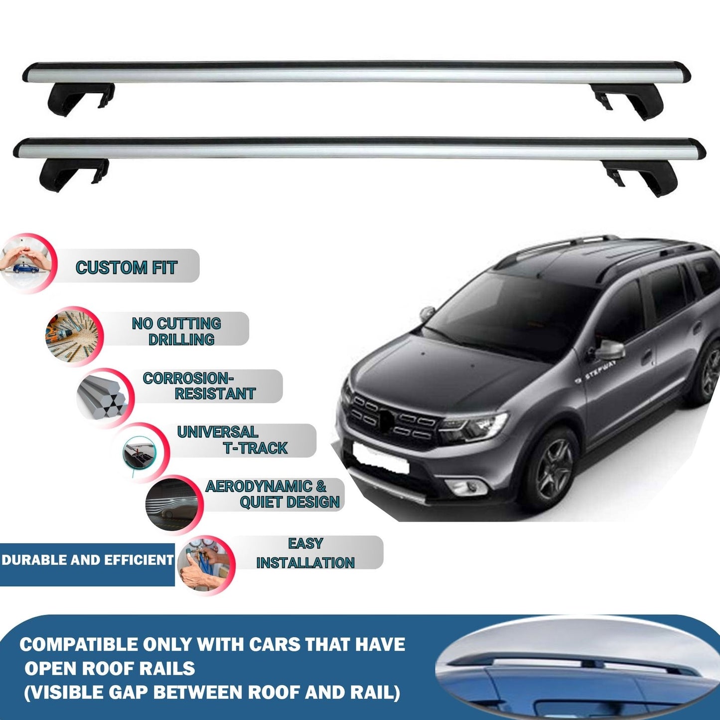 Roof Rack Cross Bars for Dacia Logan Mcv Stepway 2017-2023 Rail Carrier for Roof Tents 2 Pcs Grey