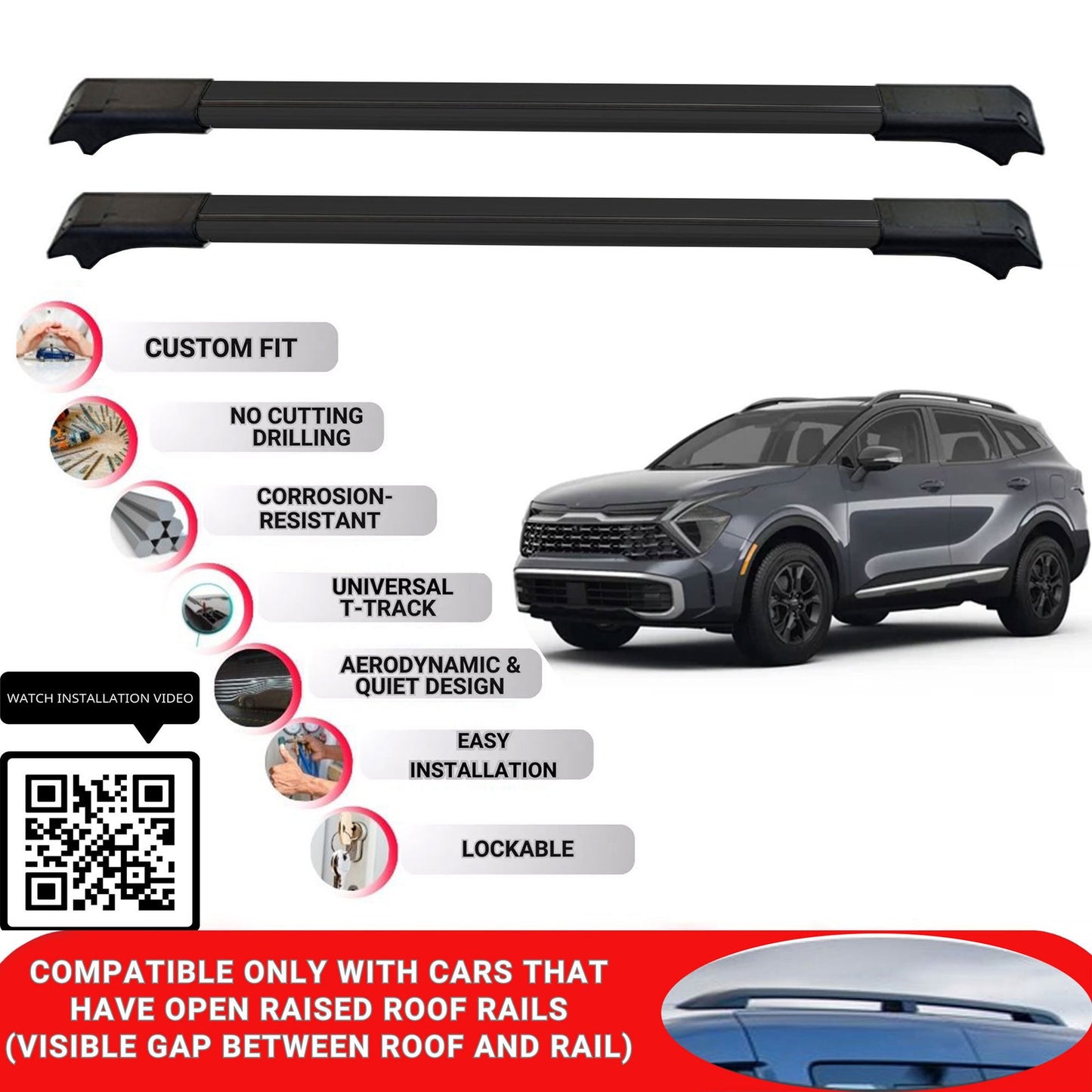 Roof Rack Cross Bars for Kia Sportage 2022+ Lockable Roof Bars 2 Pcs Black