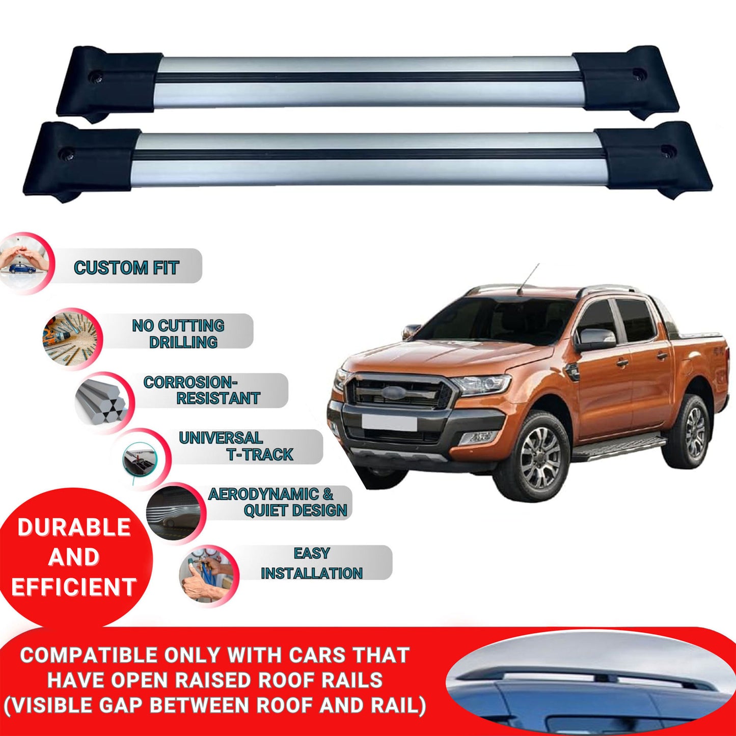 Roof Racks Cross Bars For Ford Ranger 2011-2022 2 Pcs Grey