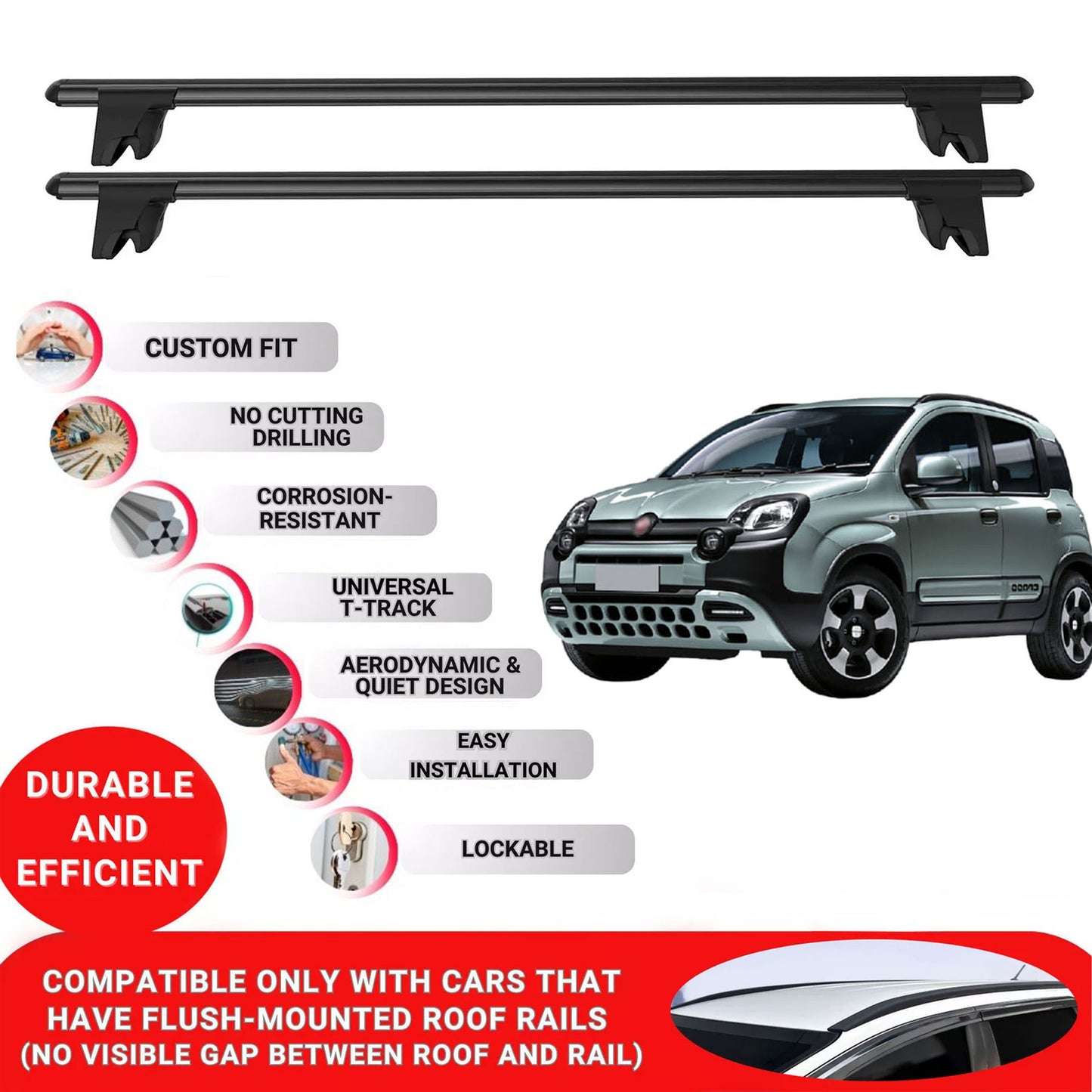 Premium Roof Bars for Fiat Panda2012-2023 Lockable Roof Rack Cross Bars 2 Pcs Black