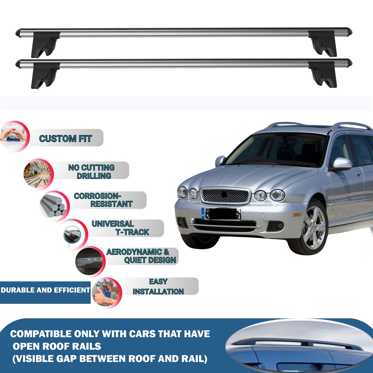 Lockable Roof Rack Cross Bars for Jaguar X-Type Estate 2001-2009 | Heavy Duty Rail Carrier 2 Pcs Grey