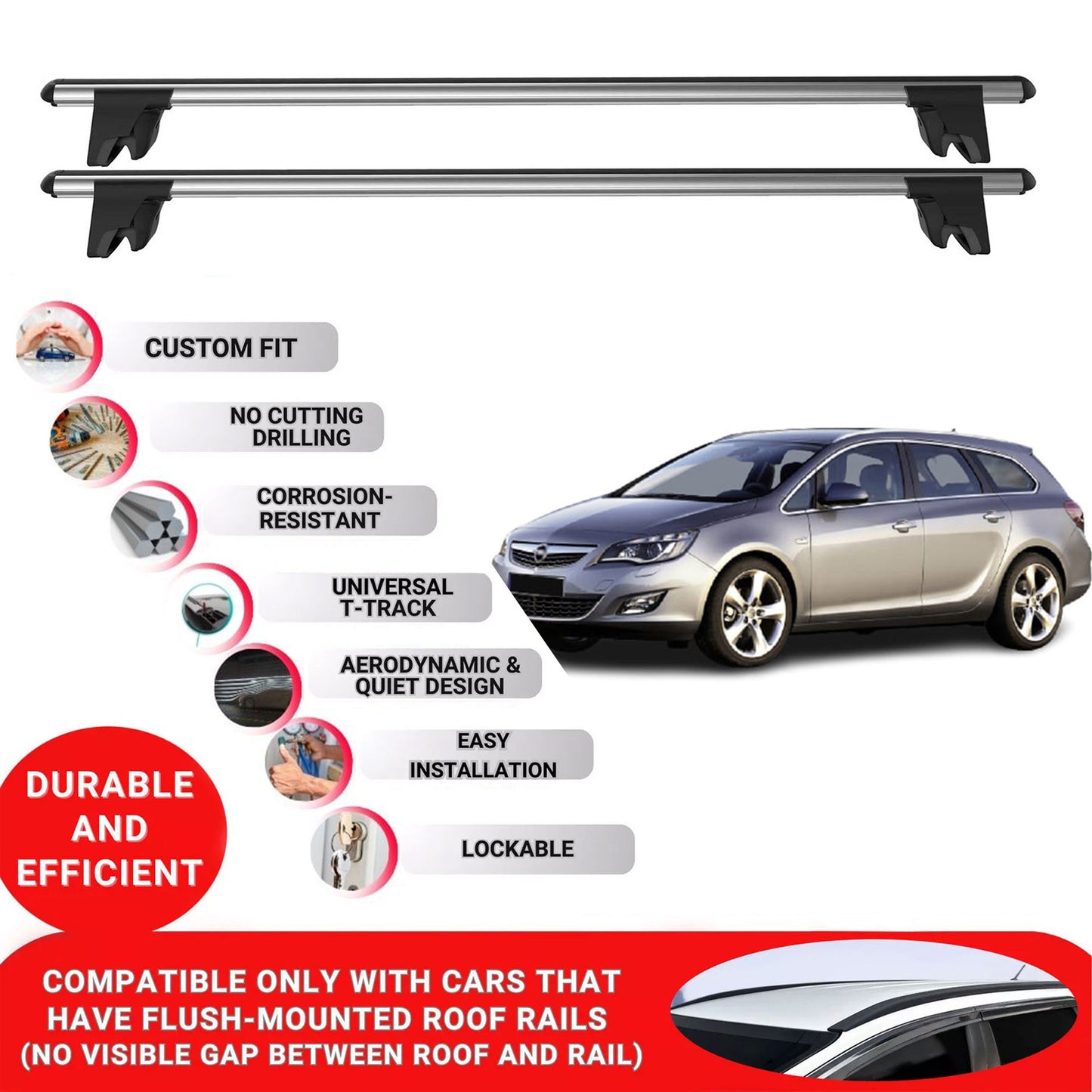 Premium Roof Bars for Opel Astra J 2010-2014 Lockable Roof Rack Cross Bars 2 Pcs Grey