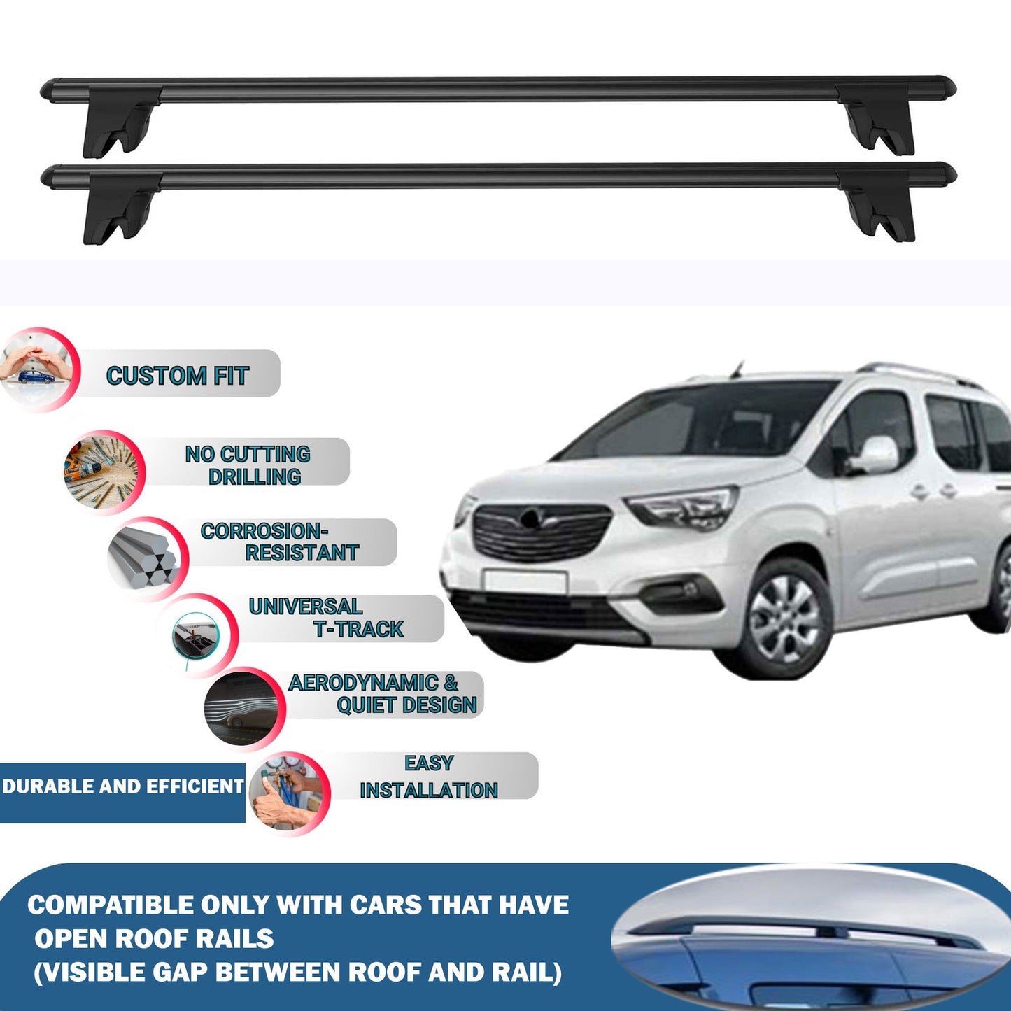 Lockable Roof Rack Cross Bars for Opel Combo E 2019-2023 | Heavy Duty Rail Carrier 2 Pcs Black
