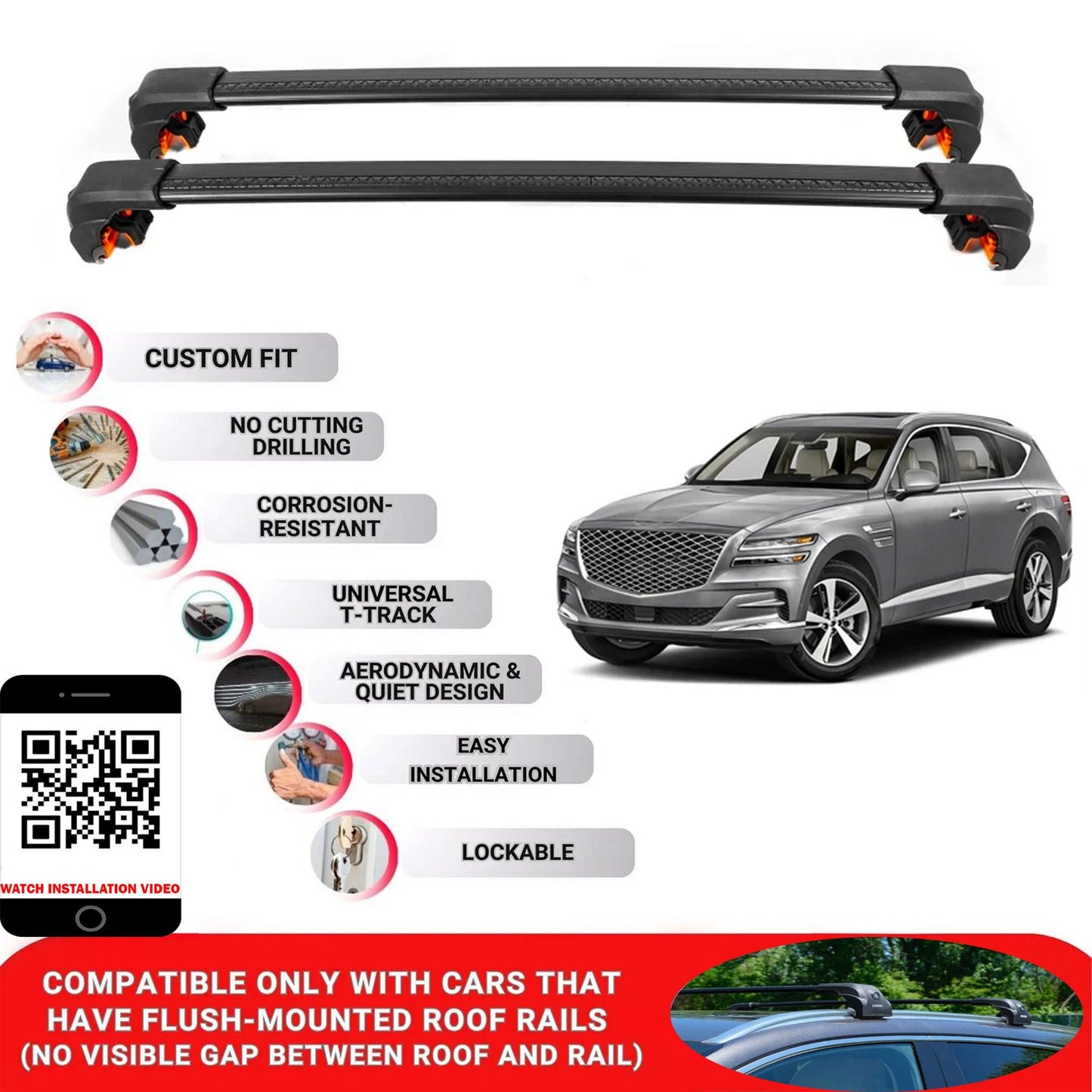 Premium Roof Bars For Genesis Gv80 Suv 2020+ Secure Roof Rack Cross Bar 2 Pcss Black