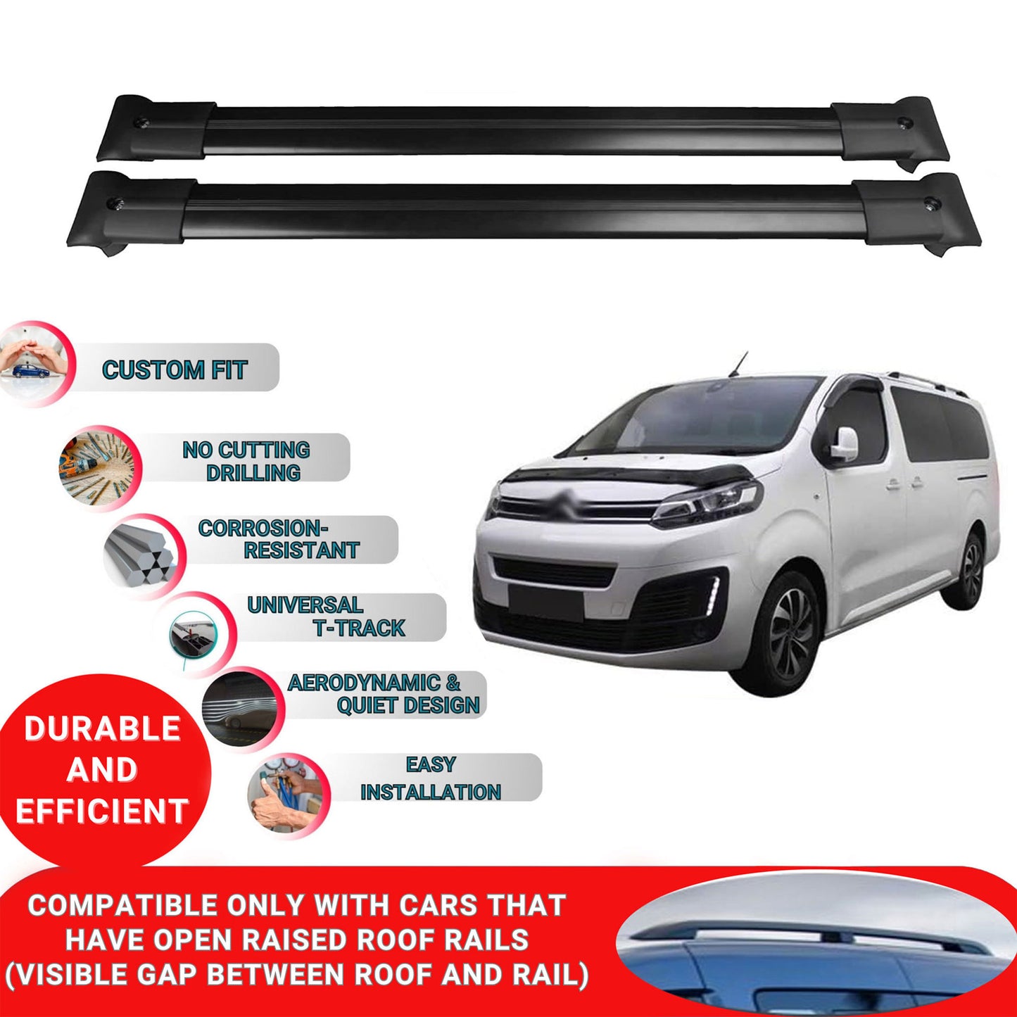 Roof Racks Cross Bars For Citroen Dispatch/Jumpy S.tourer 2017-2023 4 Pcs Black