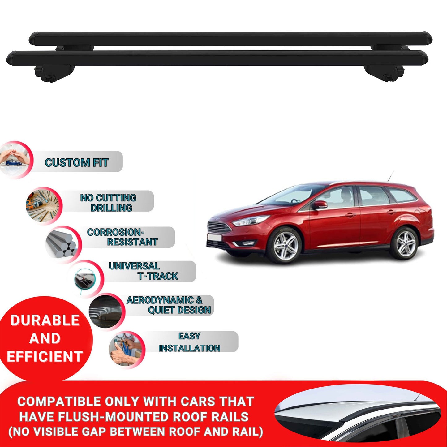 Roof Bars For Ford Focus SW / Estate 2011-2018 Roof Rack Cross Bars 2 Pcs Black