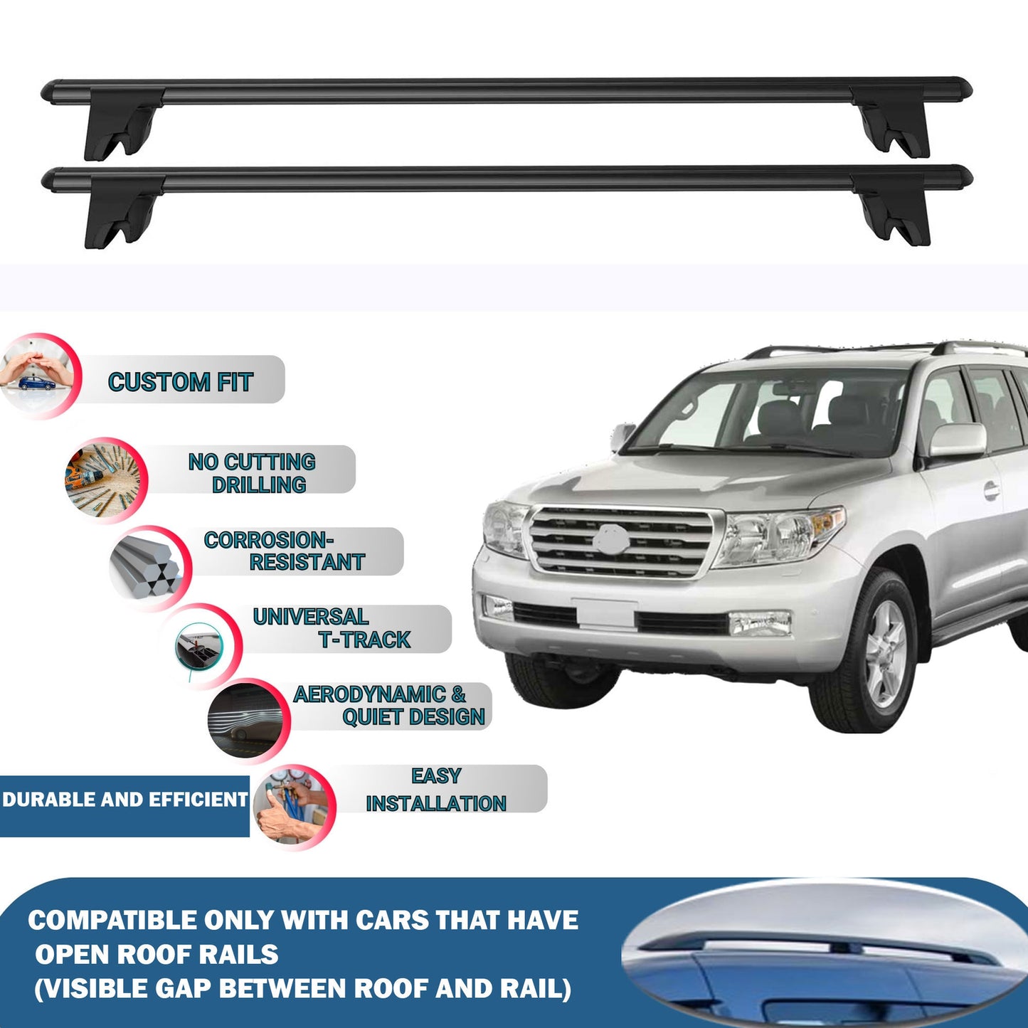Lockable Roof Rack Cross Bars for Toyota Land Cruiser 2008-2021 | Heavy Duty Rail Carrier 2 Pcs Black