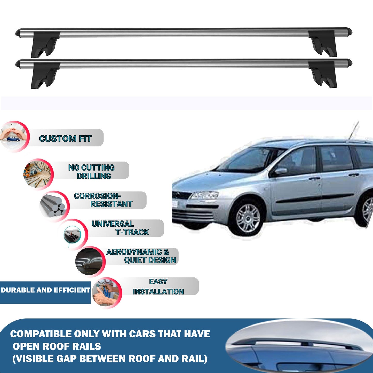 Lockable Roof Rack Cross Bars for Fiat Stilo Multiwagon 2002-2008 | Heavy Duty Rail Carrier 2 Pcs Grey