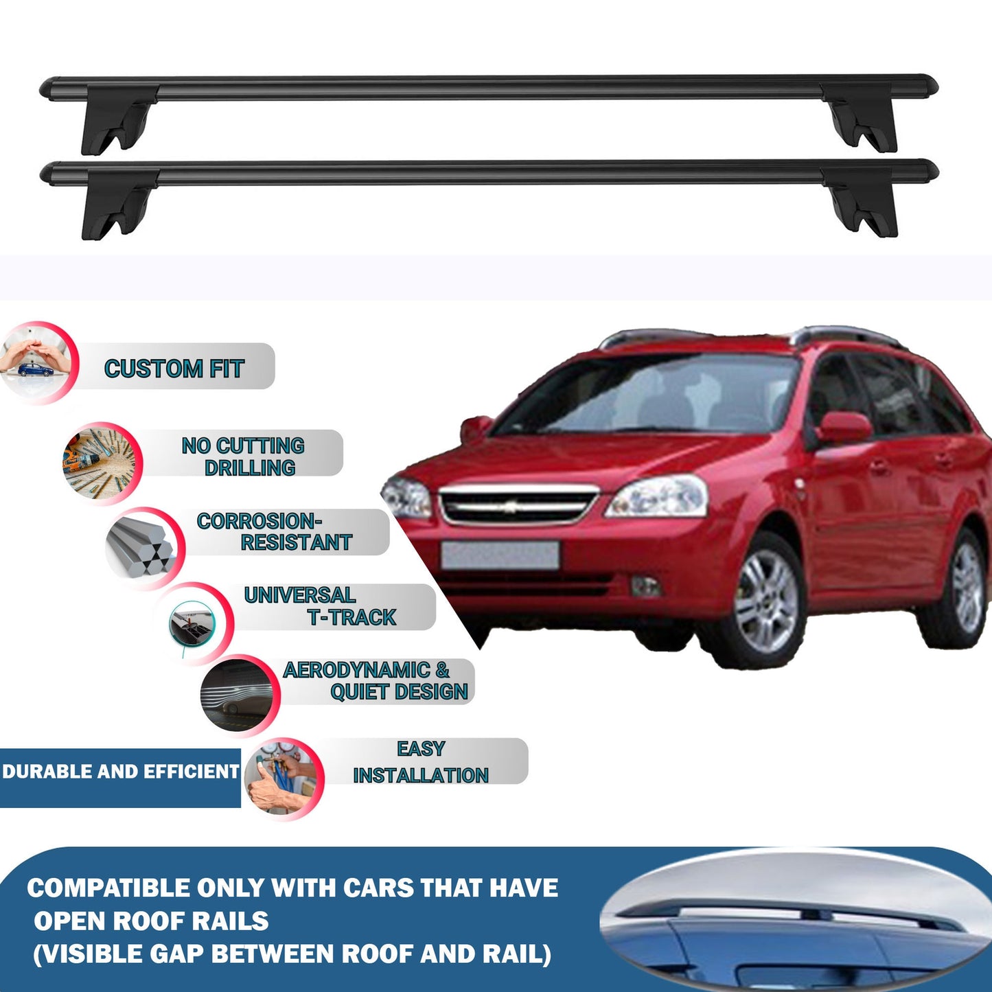 Lockable Roof Rack Cross Bars for Chevrolet Nubira Wagon 2002-2007 | Heavy Duty Rail Carrier 2 Pcs Black