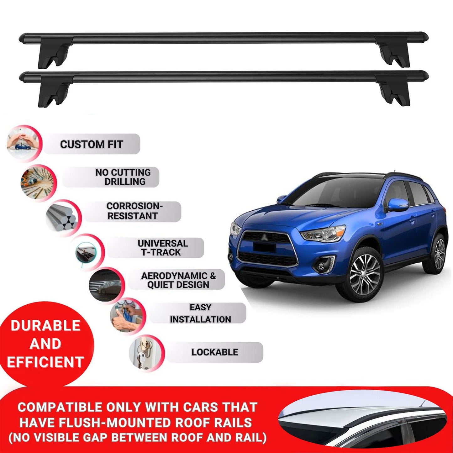 Premium Roof Bars for Mitsubishi Asx 2010-2017 Roof Rack Cross Bars 2 Pcs Black