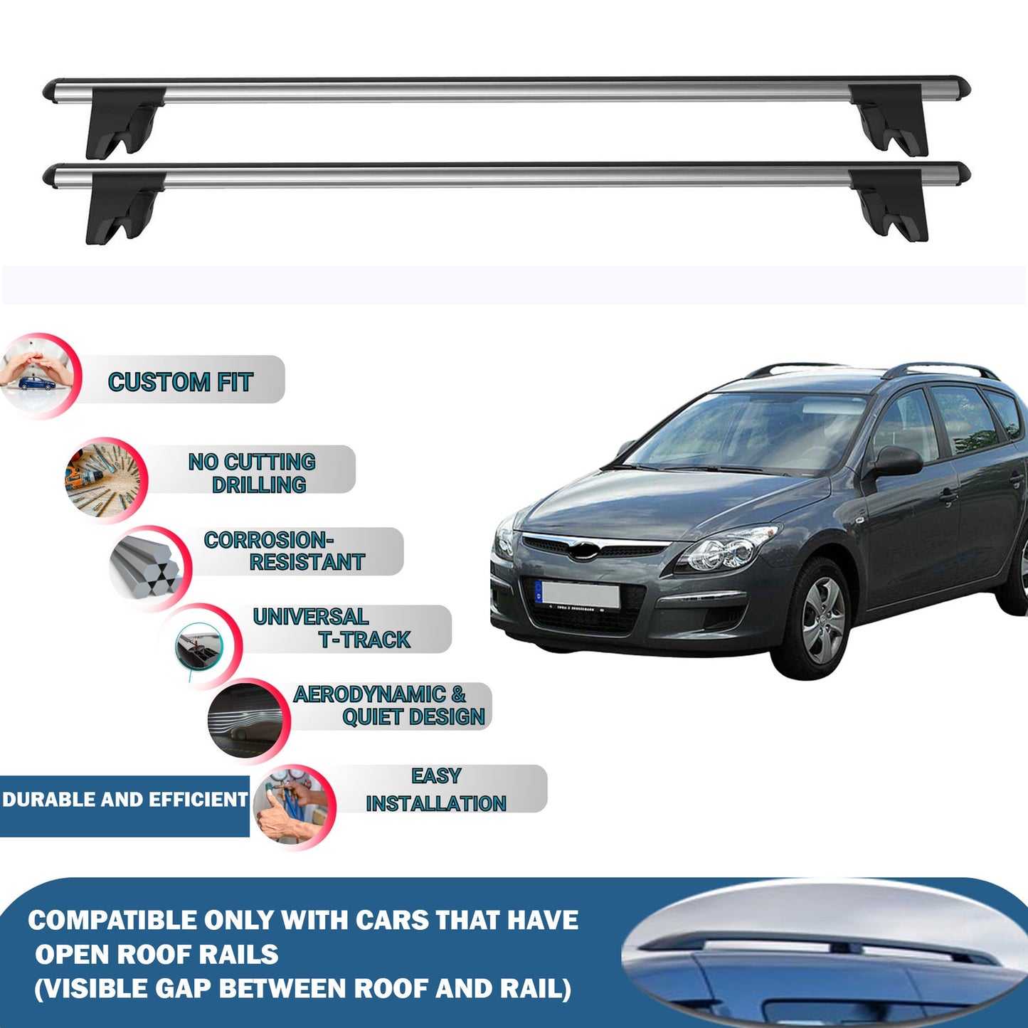 Lockable Roof Rack Cross Bars for Hyundai I30 Cw/Sw/Touring 2006-2012 | Heavy Duty Rail Carrier 2 Pcs Grey