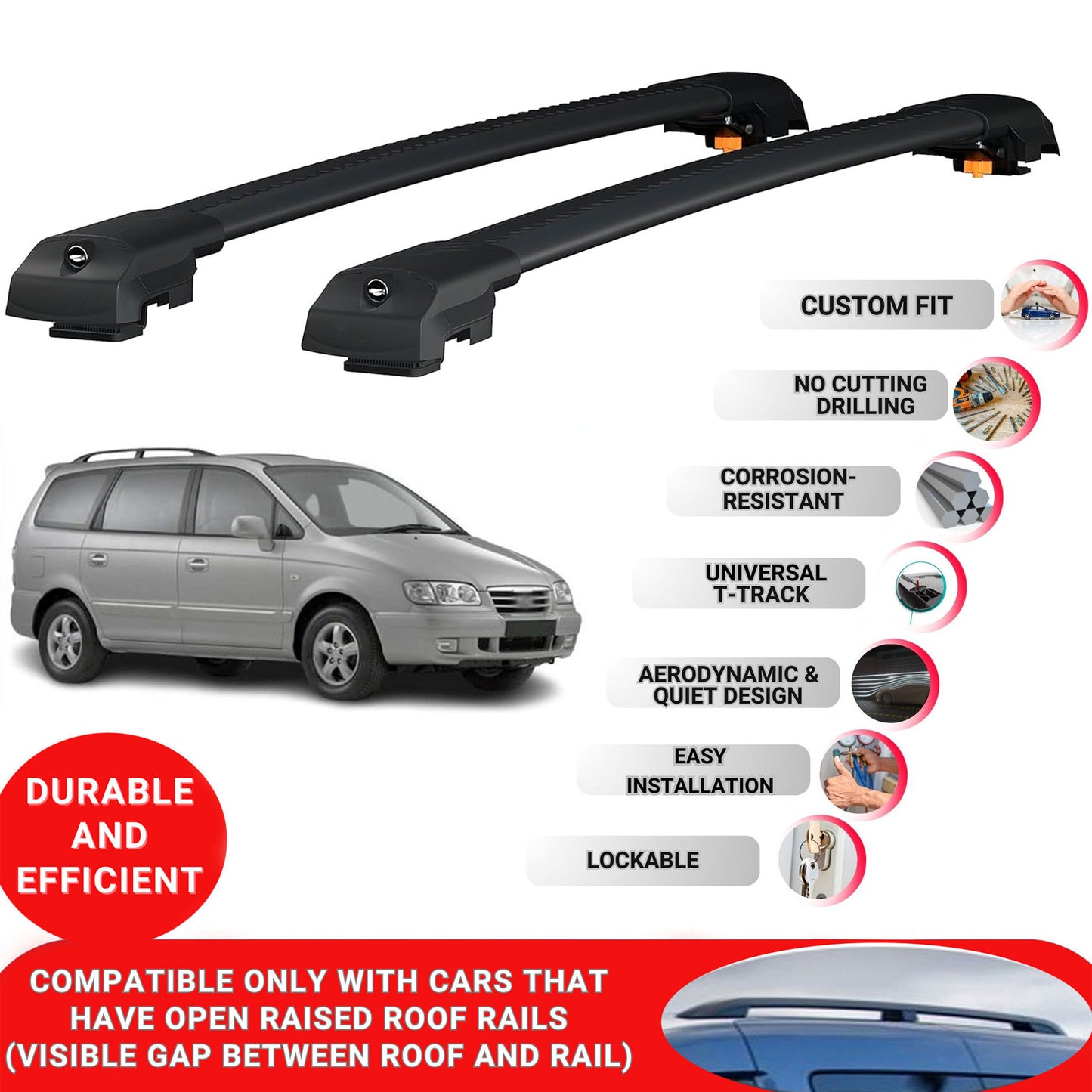 Roof Bar for Hyundai Trajet 2000-2008 Lockable Roof Rack Cross Bars 2 Pcs Black
