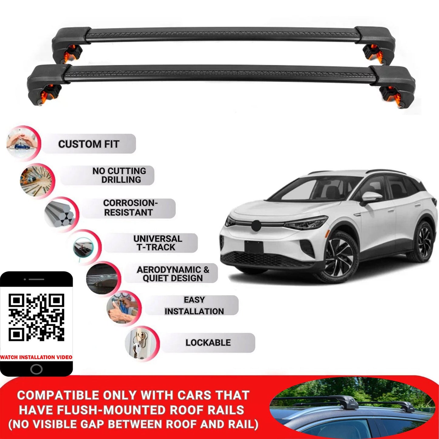 Premium Roof Bars For Volkswagen ID.4 Suv 2021+ Secure Roof Rack Cross Bar 2 Pcs Black