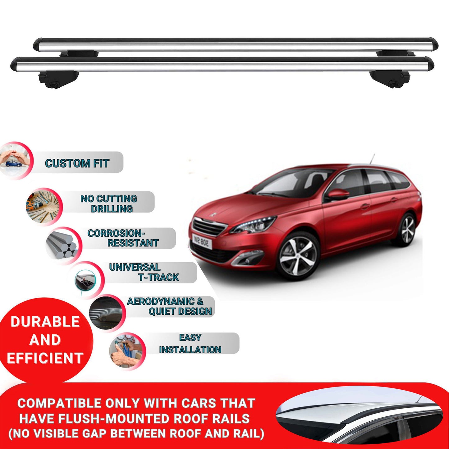 Roof Bars For Peugeot 308 Estate 2013-2021 Roof Rack Cross Bars 2 Pcs Grey