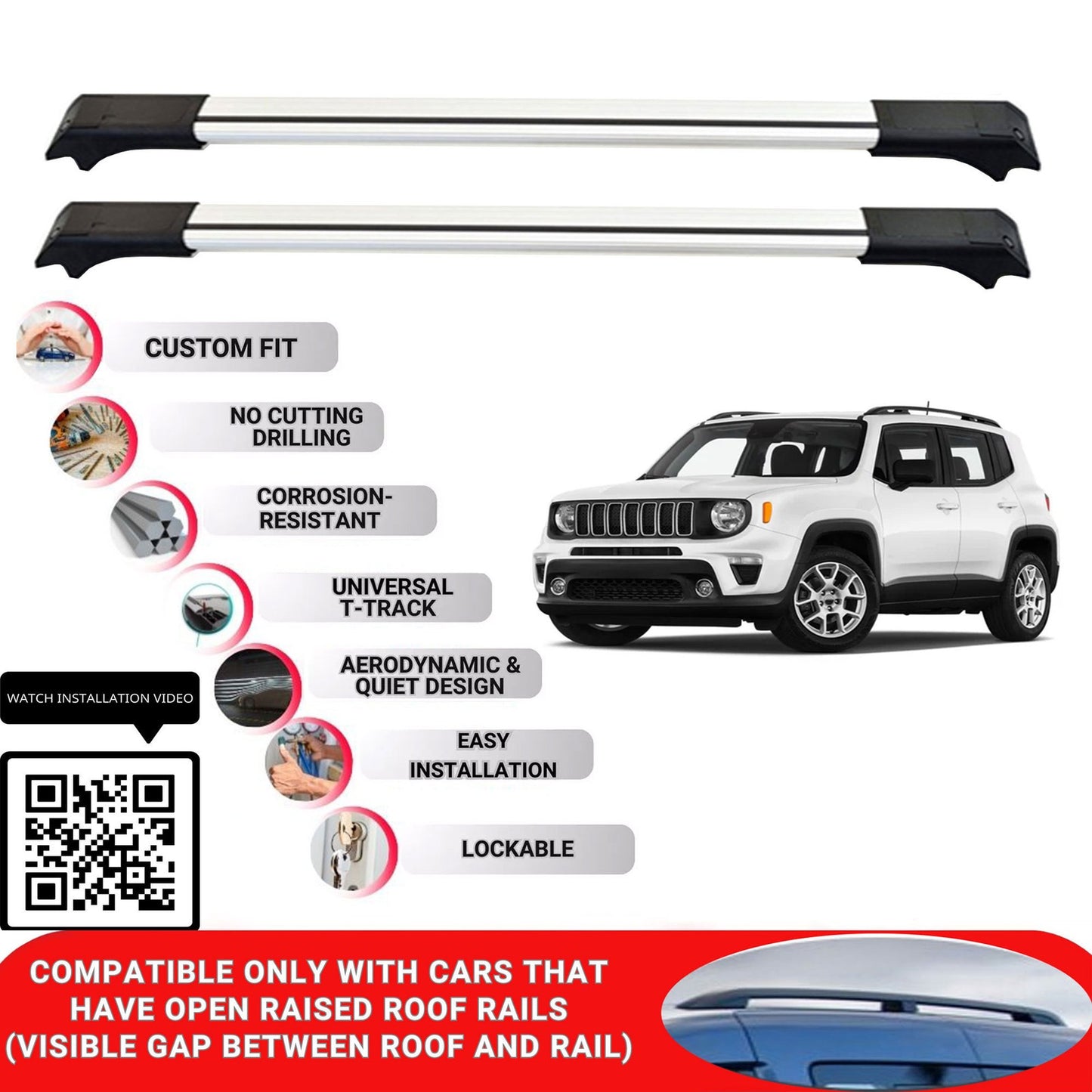 Roof Rack Cross Bars for Jeep Renegade 2015+ Lockable Roof Bars 2 Pcs Grey