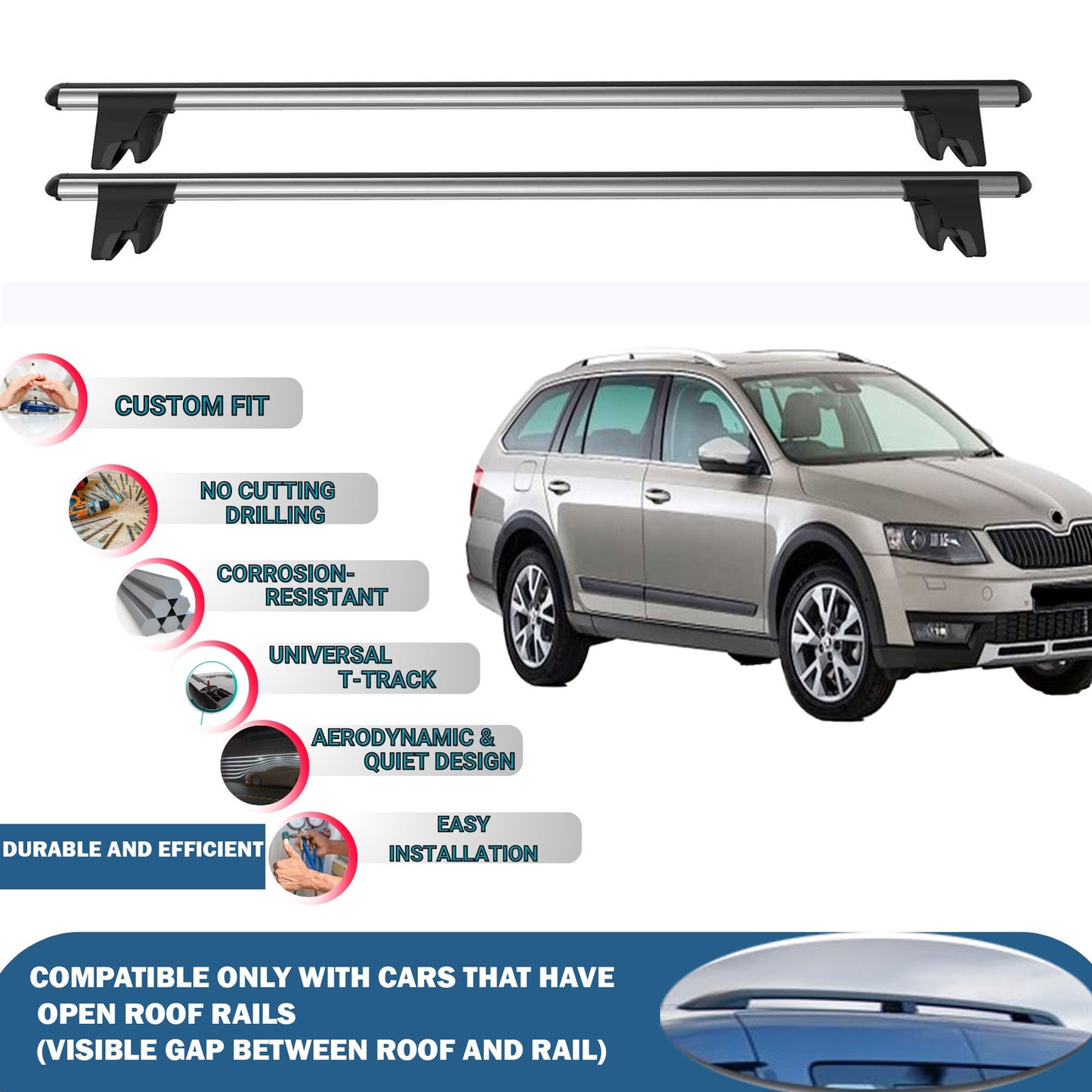 Lockable Roof Rack Cross Bars for Skoda Octavia Scout 2014-2019 | Heavy Duty Rail Carrier 2 Pcs Grey