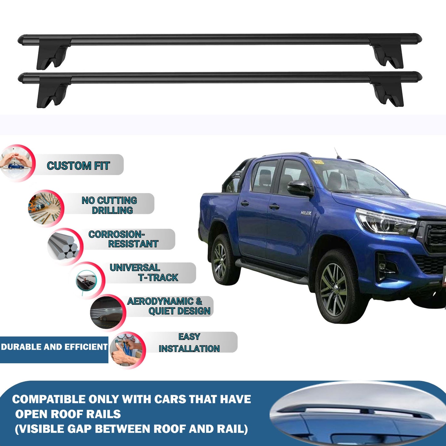 Lockable Roof Rack Cross Bars for Toyota Hilux 2015-2023 | Heavy Duty Rail Carrier 2 Pcs Black