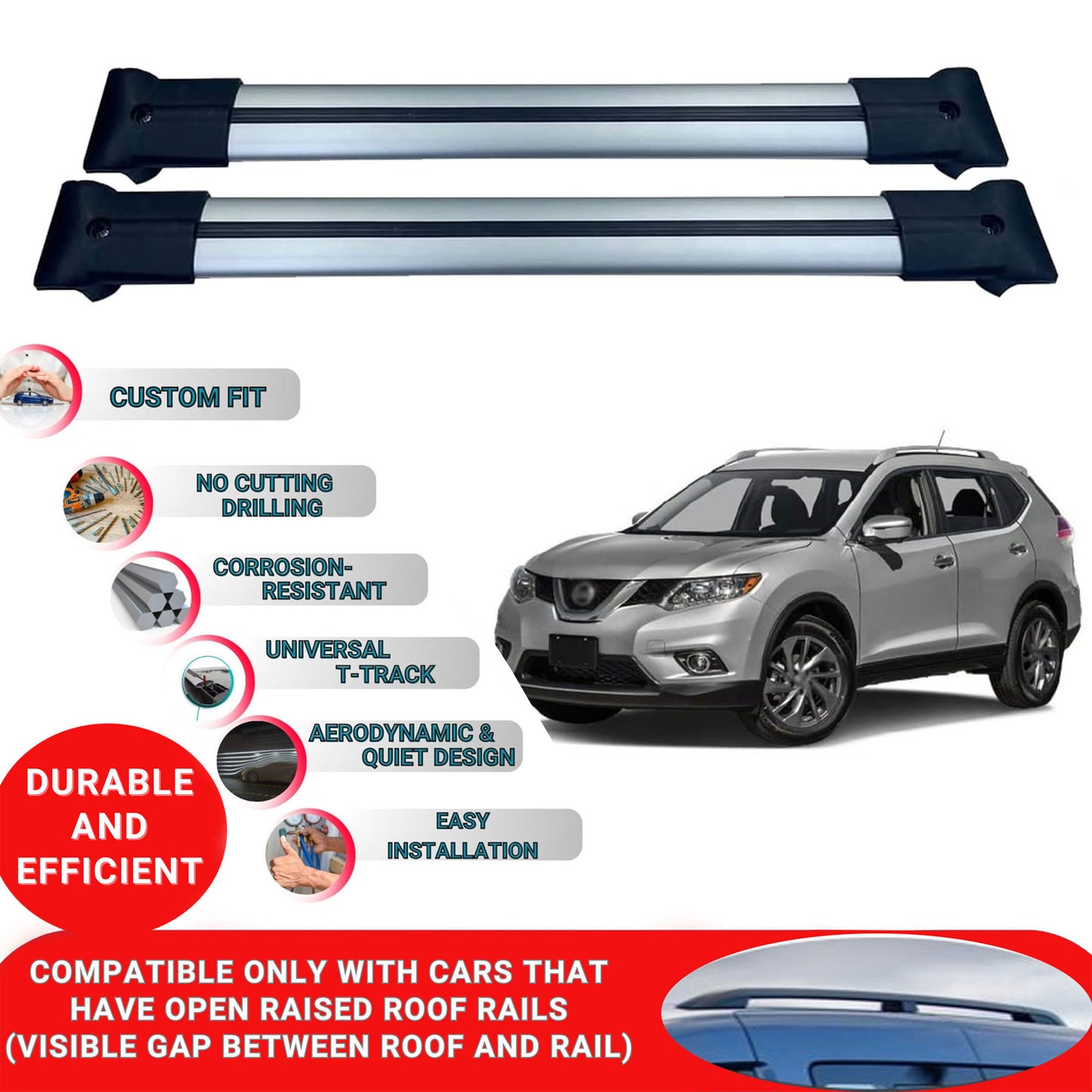 Roof Racks Cross Bars For Nissan Rougue 2014-2020 2 Pcs Grey