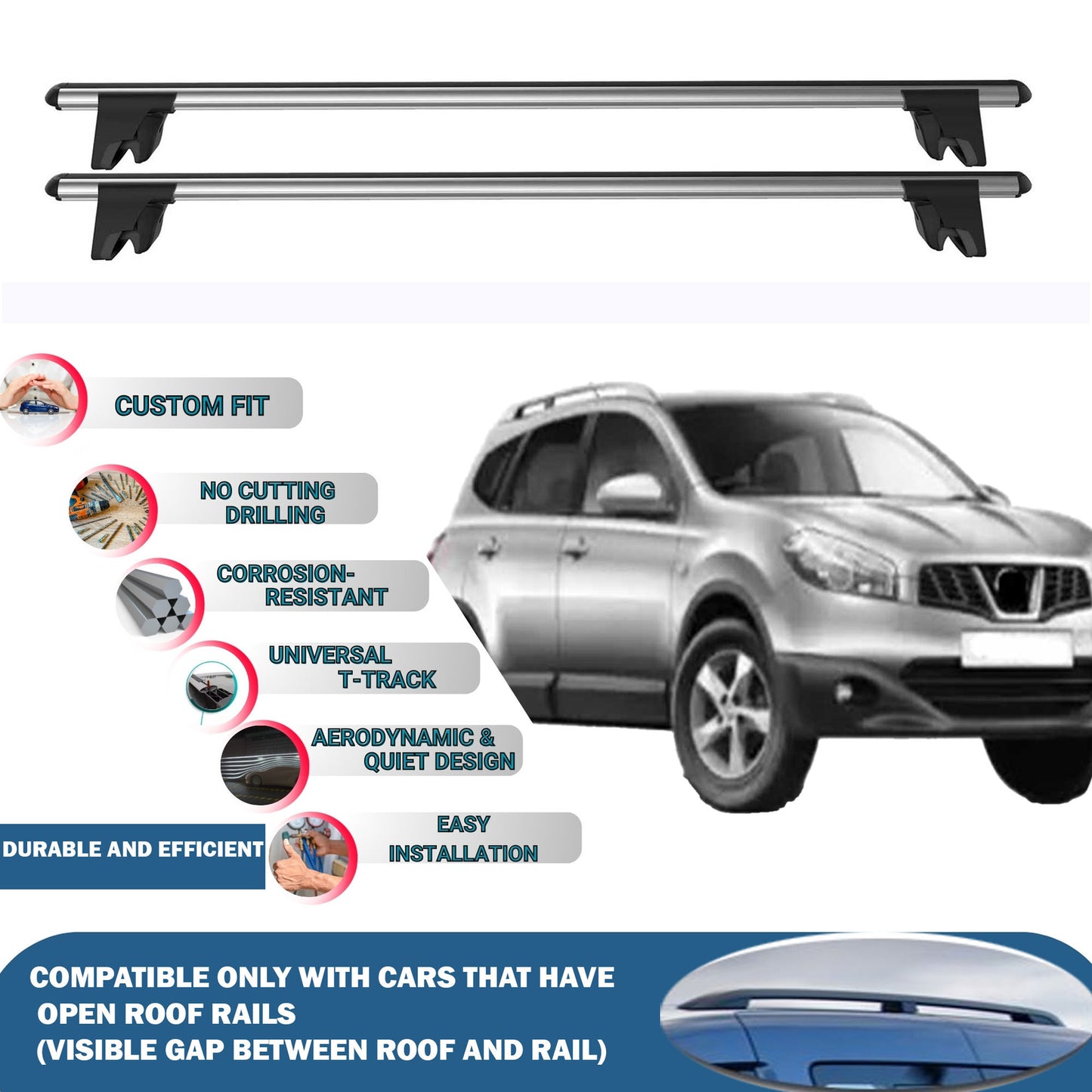 Lockable Roof Rack Cross Bars for Nissan Qashqai+2 2006-2013 | Heavy Duty Rail Carrier 2 Pcs Grey