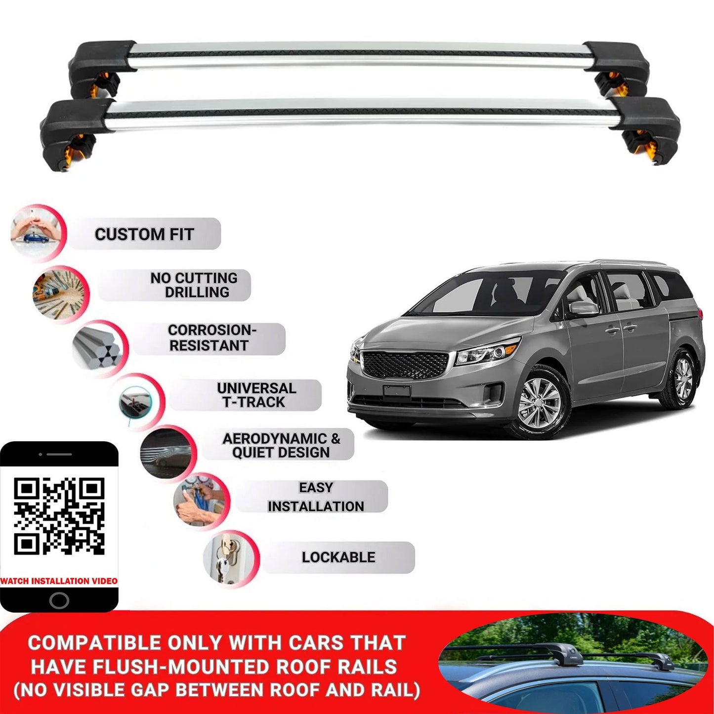 Premium Roof Bars For Kia Sedona Mpv 2015-2021 Secure Roof Rack Cross Bar 2 Pcs Secure Grey